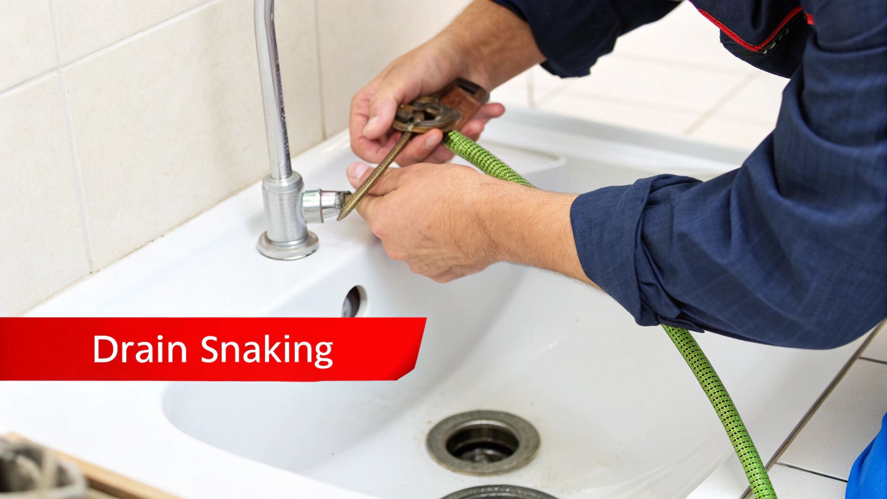 A plumber's hands are using a drain snake tool with a green hose to clear a clogged sink drain.