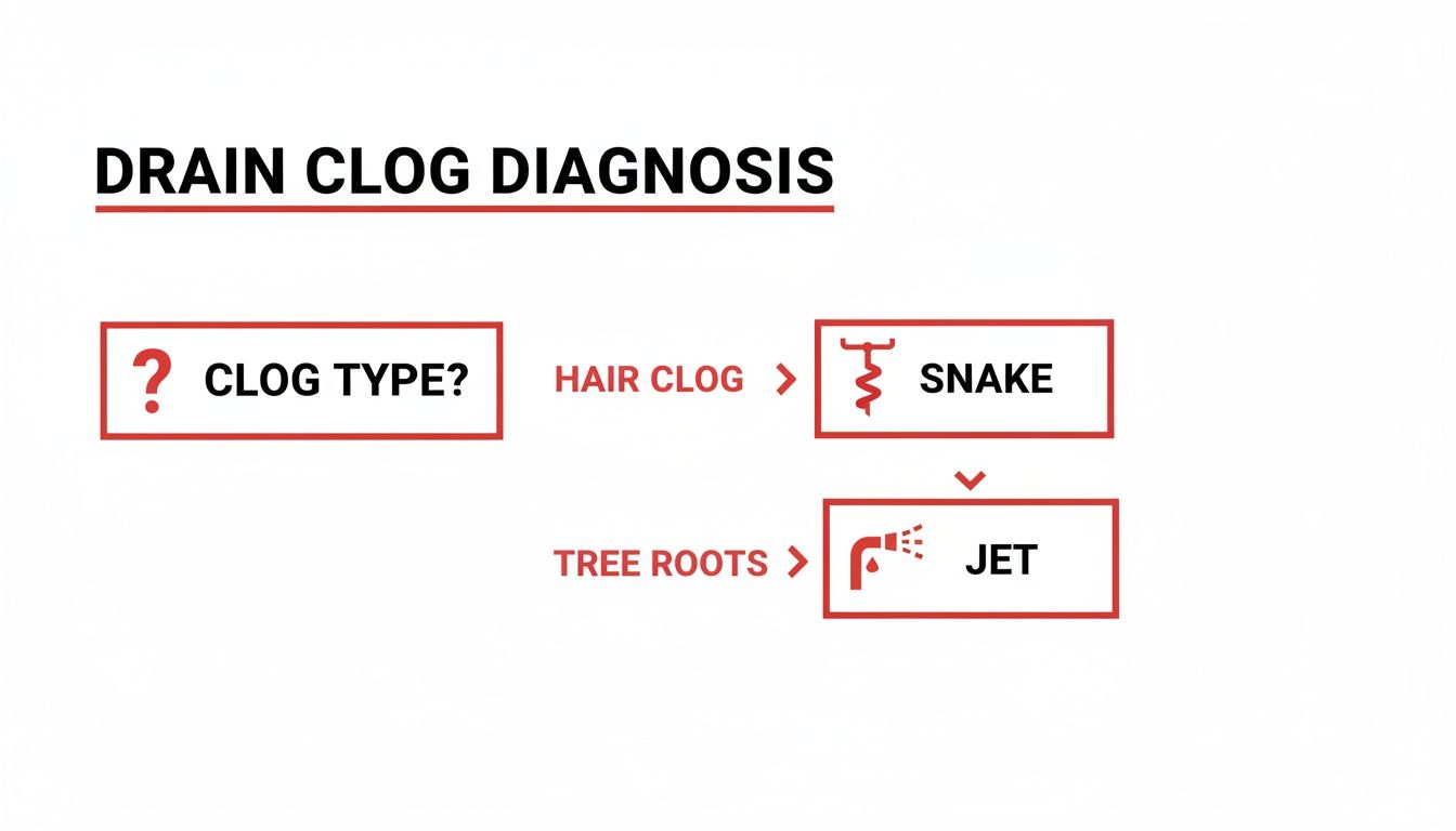 A flowchart diagnosing drain clogs, recommending 'Snake' for hair clogs and 'Jet' for tree roots.