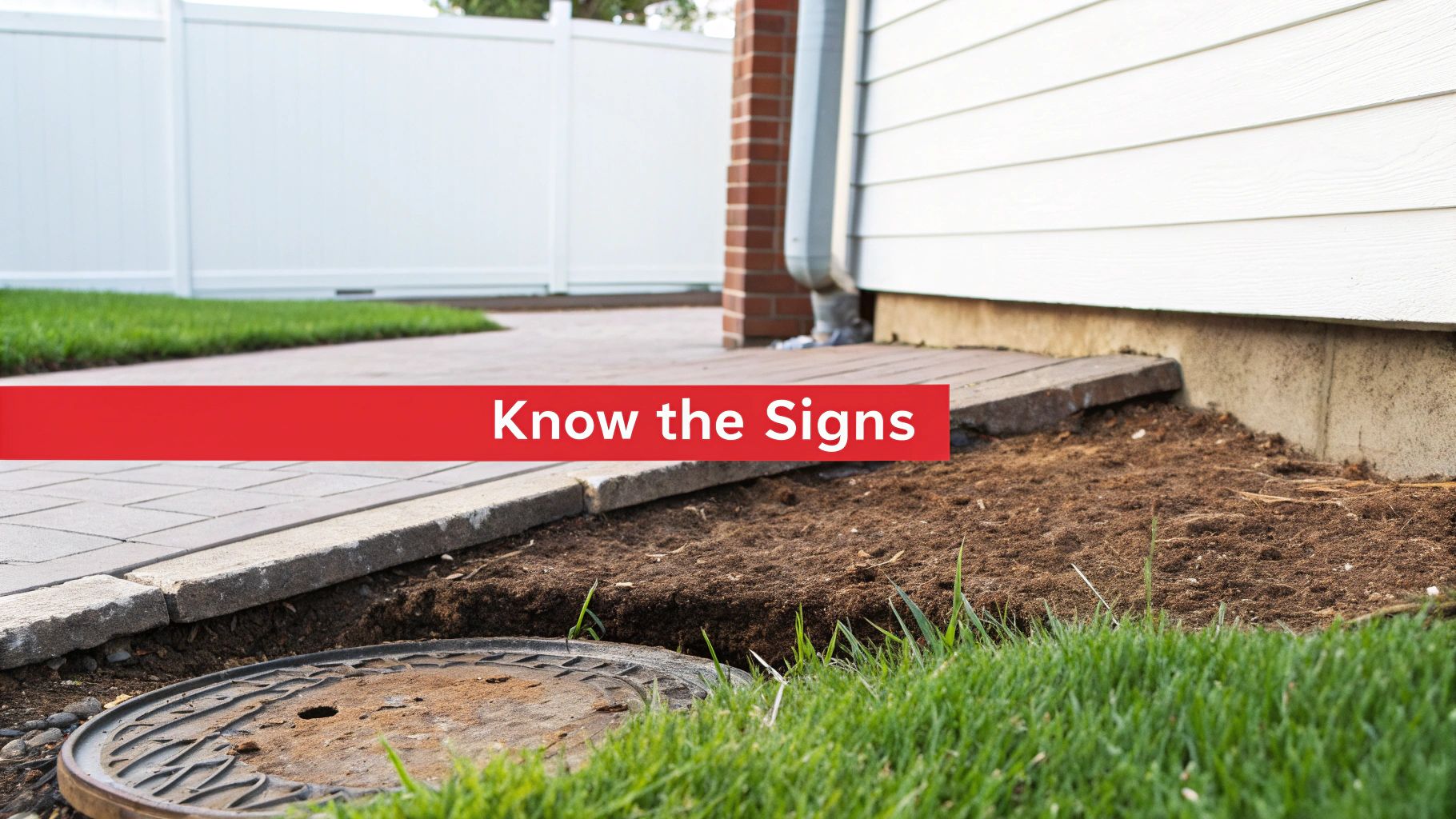 Outdoor home scene with a brick path, white fence, disturbed soil, and a manhole cover.