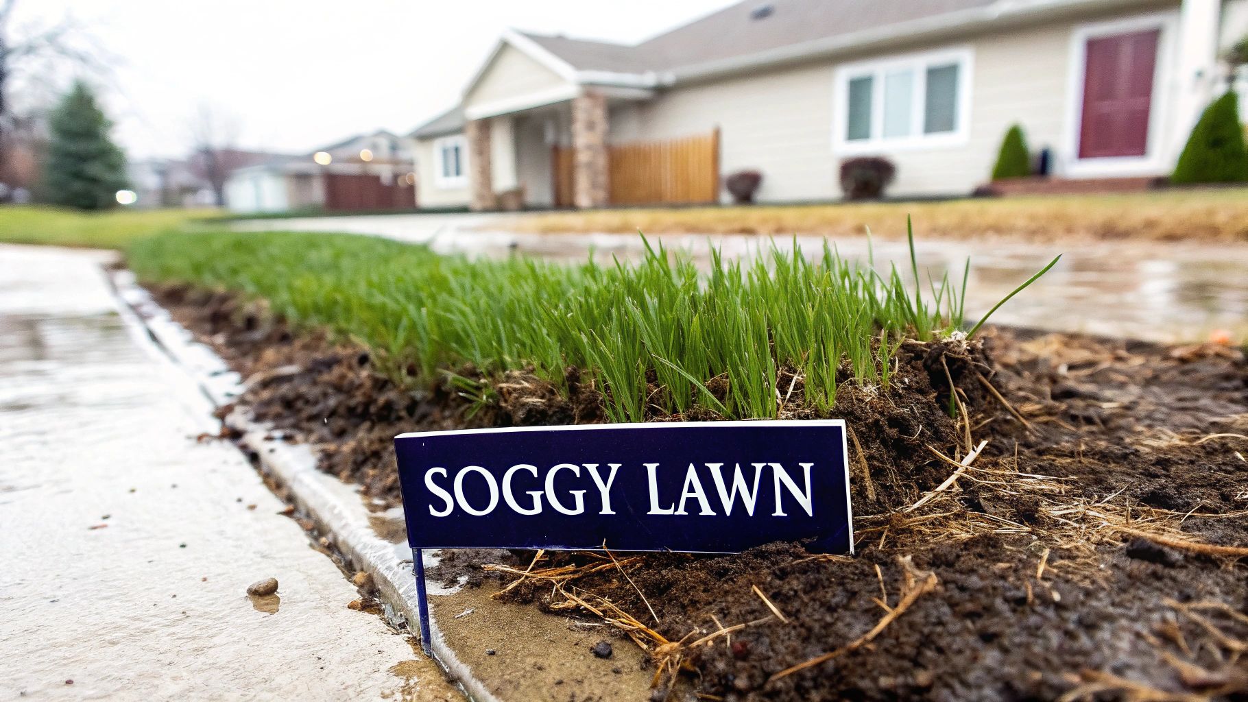 A 'SOGGY LAWN' sign is placed in wet, muddy soil next to newly sprouted grass, indicating drainage issues.