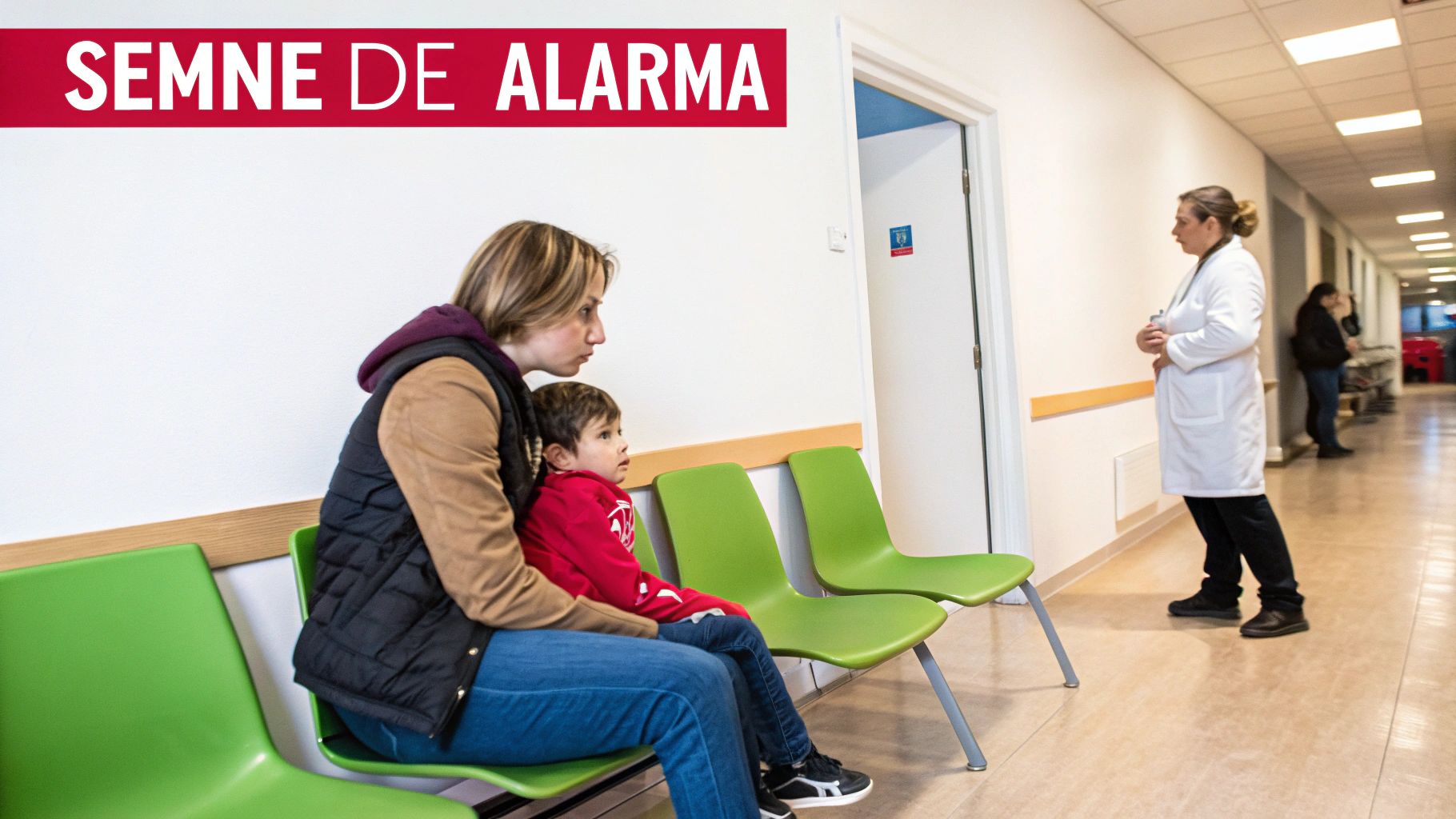 Mamă și copil într-o sală de așteptare la spital, cu medic, sub bannerul "SEMNE DE ALARMA".