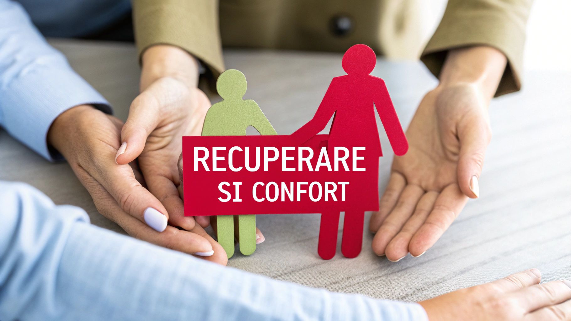 Mânele susțin figurine din hârtie, una verde și una roșie, cu mesajul 'RECUPERARE SI CONFORT'.