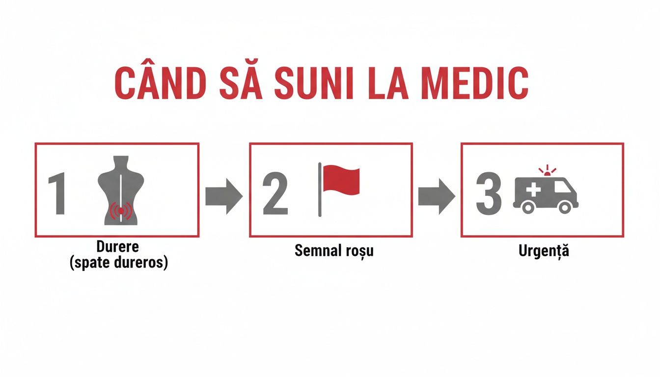 Diagramă explicativă pentru când să suni la medic, arătând progresia de la durere de spate la urgență medicală.
