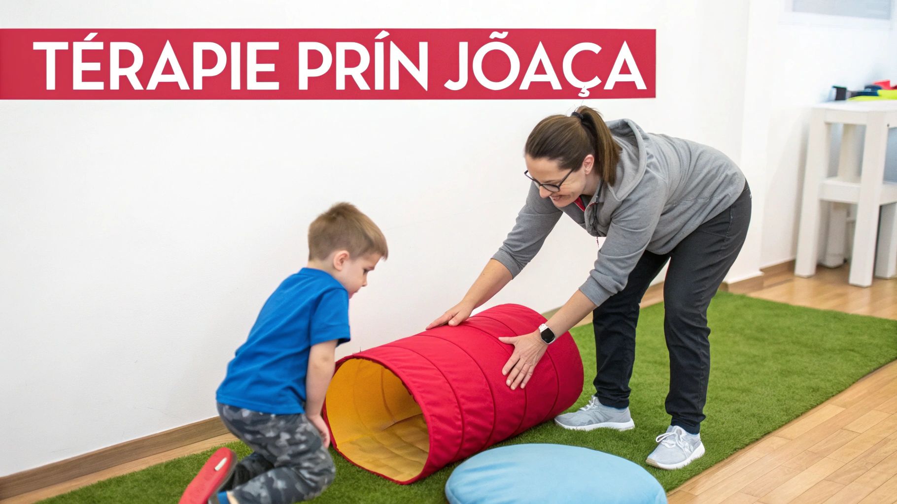 Sesiune de terapie prin joacă: o femeie și un copil se joacă cu un tunel roșu.