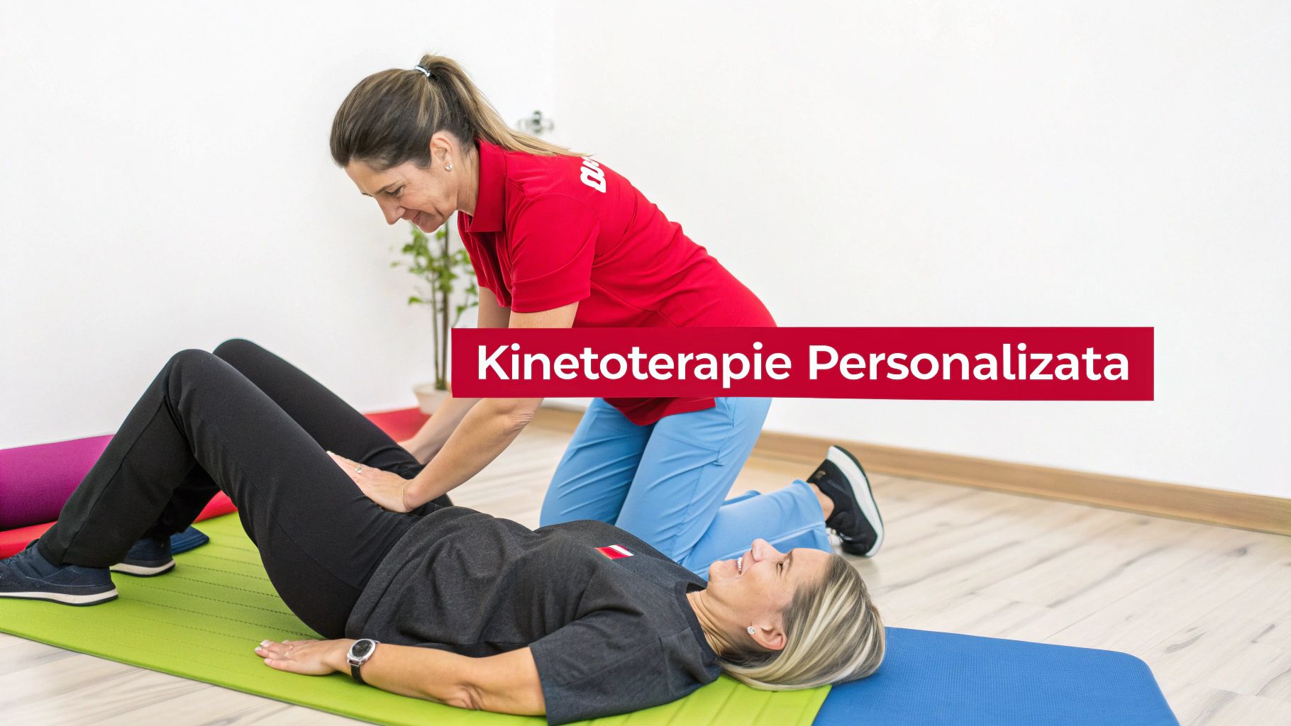 Două femei practică kinetoterapie personalizată, cu un terapeut asistând o pacientă pe saltea.