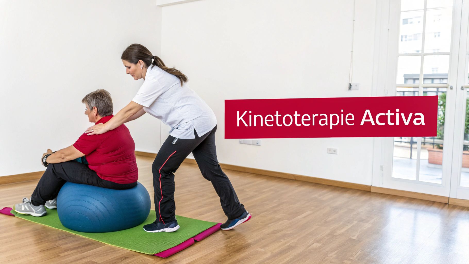 O kinetoterapeută ajută o femeie în vârstă să facă exerciții pe o minge de fitness.