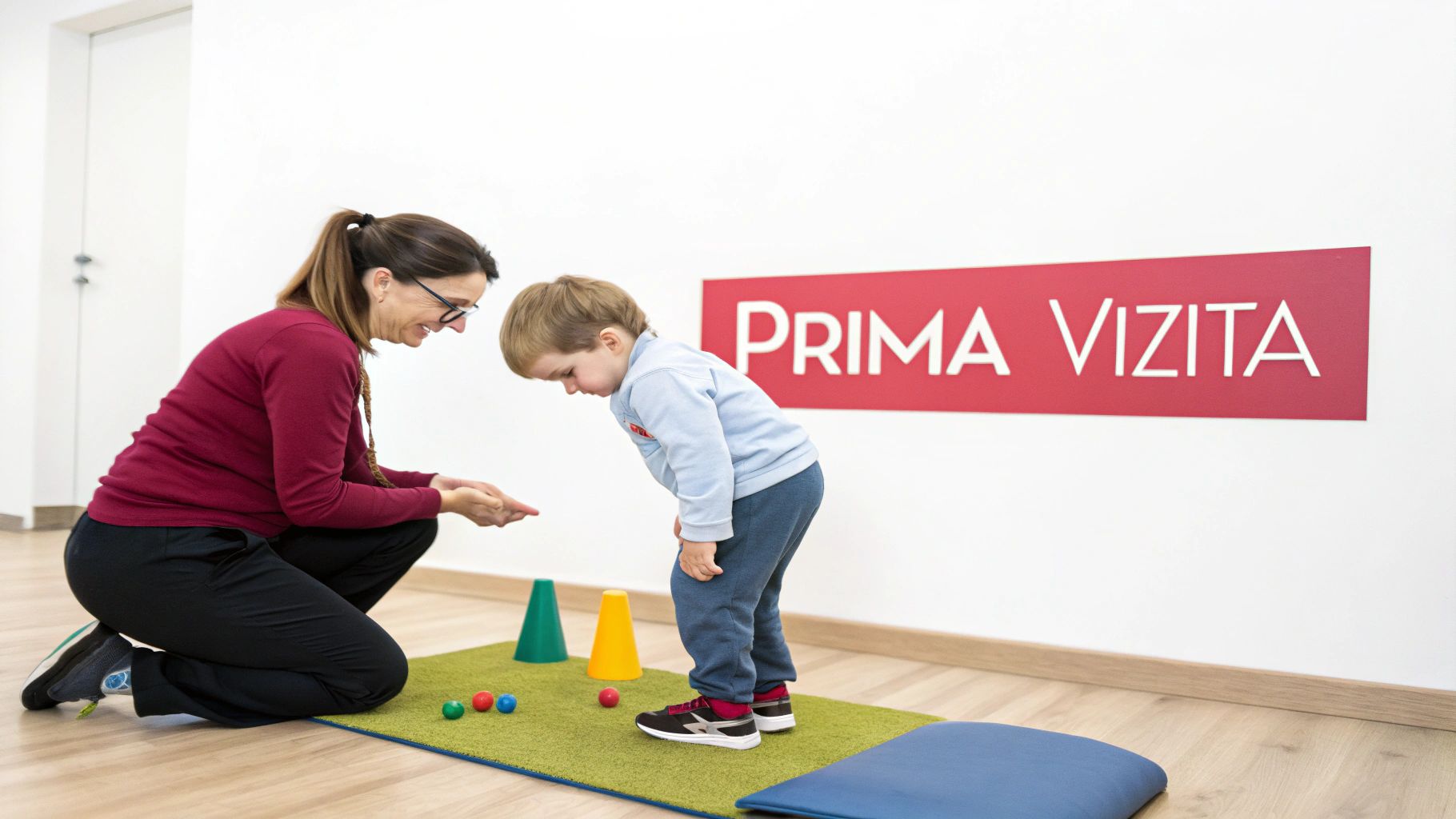 O femeie zâmbitoare, terapeut, interacționează cu un copil mic într-o sesiune de kinetoterapie, pe o saltea verde, cu jucării.