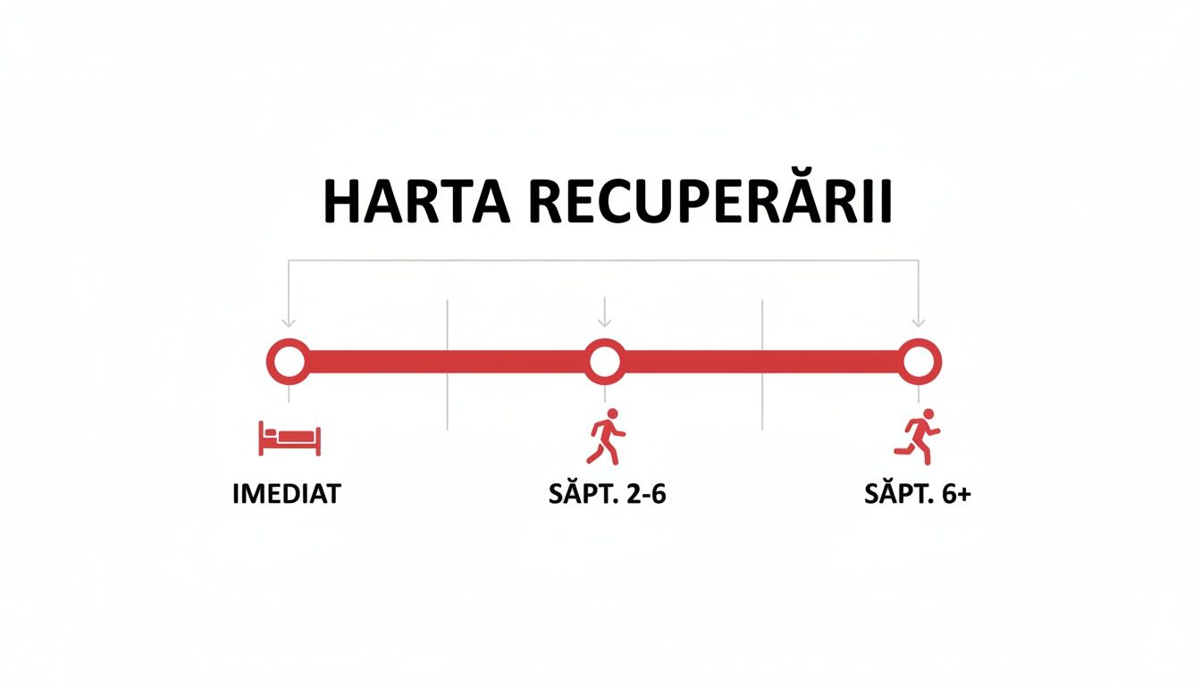 Diagramă cronologică a recuperării post-operatorii, ilustrând etapele de la repaus la activitate fizică intensă, cu perioadele imediat, săptămânile 2-6 și 6+.