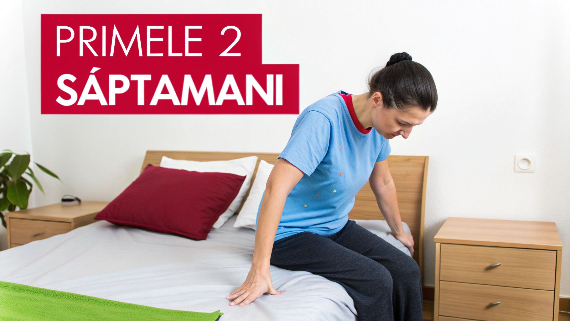 Femeie demonstrând un exercițiu ușor pe pat, indicat în primele 2 săptămâni de recuperare.