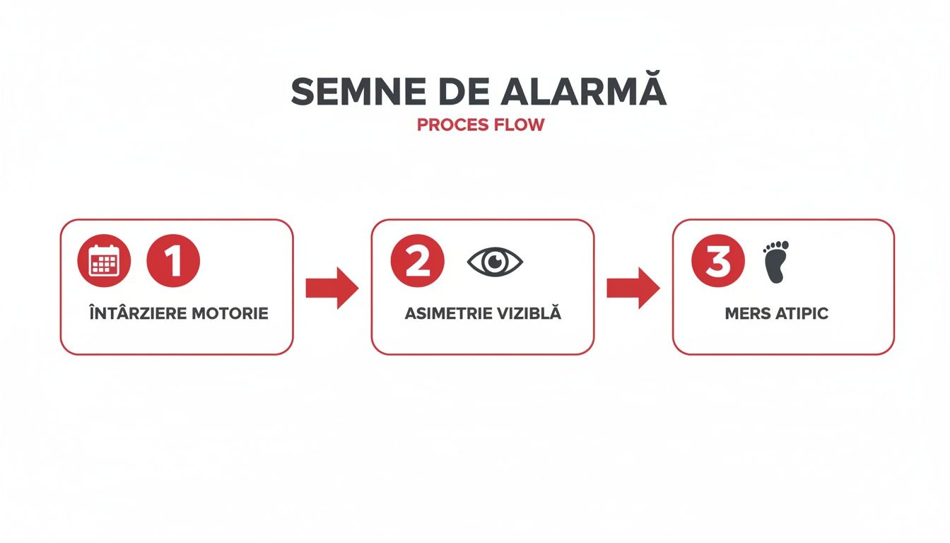 Diagramă flux procesual cu trei semne de alarmă: întârziere motorie, asimetrie vizibilă și mers atipic.