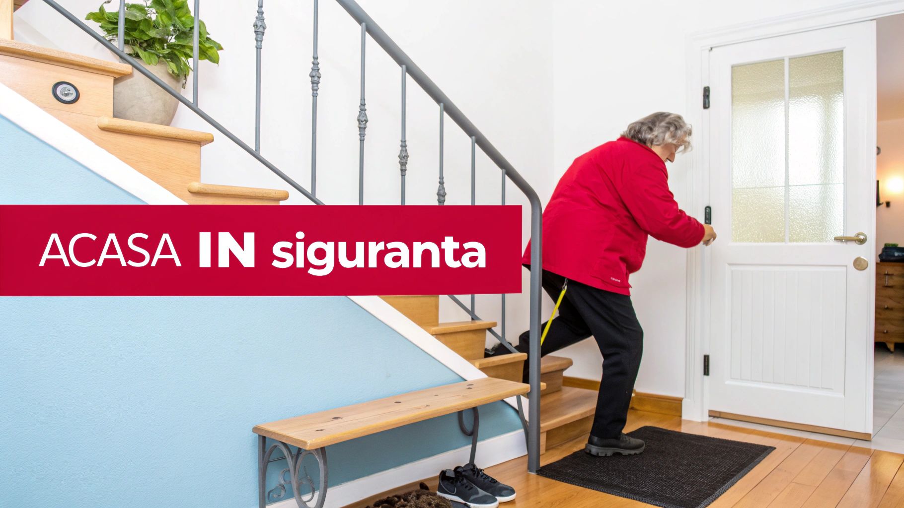 O femeie în vârstă face exerciții cu o bandă elastică lângă scări și o ușă, promovând siguranța acasă.