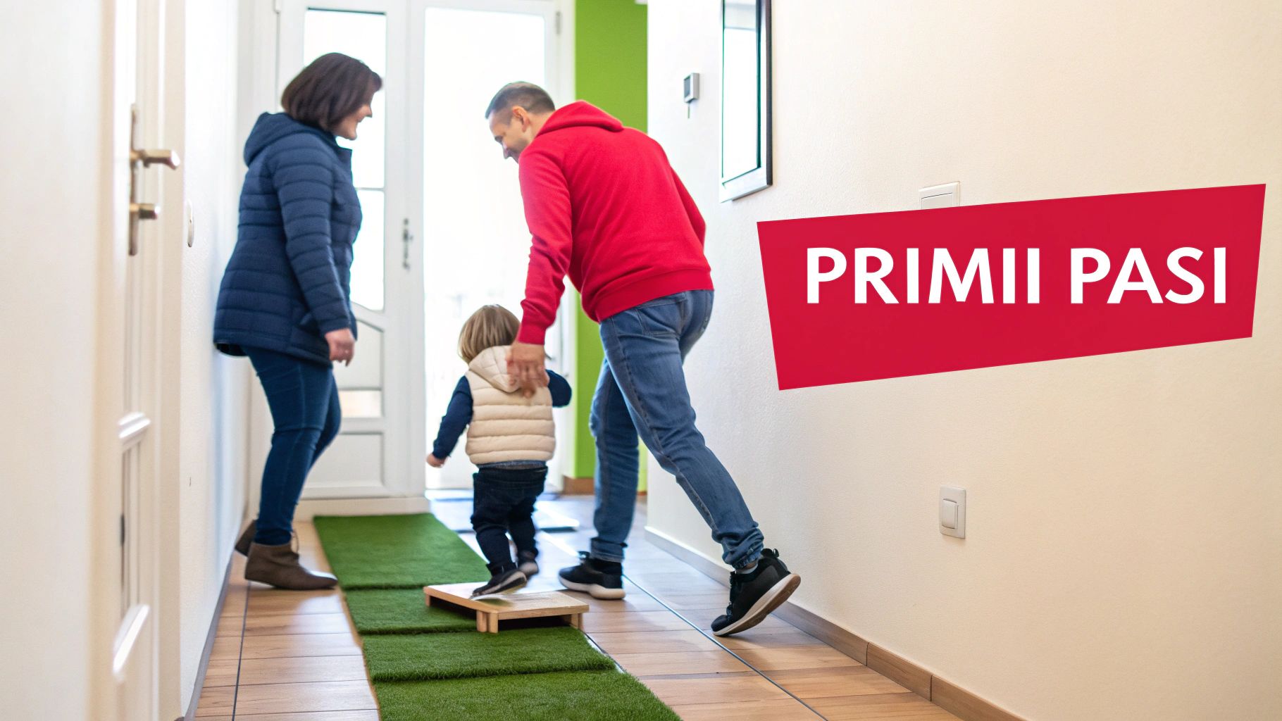 O familie ajută un copil mic să facă primii pași pe un traseu special în hol.