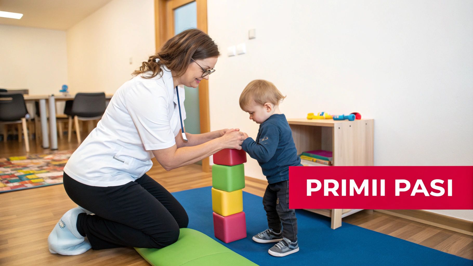 O kinetoterapeută zâmbitoare ajută un copil mic să se joace cu blocuri colorate, stând pe o saltea albastră, sugerând terapie pediatrică.