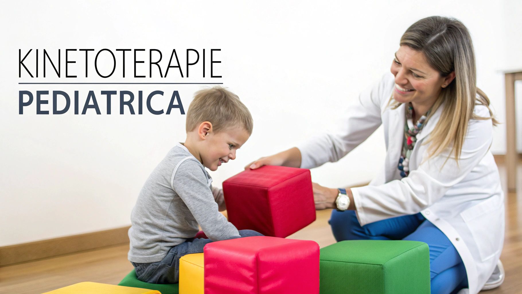 Un copil zâmbitor se joacă cu blocuri colorate sub supravegherea unui terapeut, ilustrând kinetoterapie pediatrică.