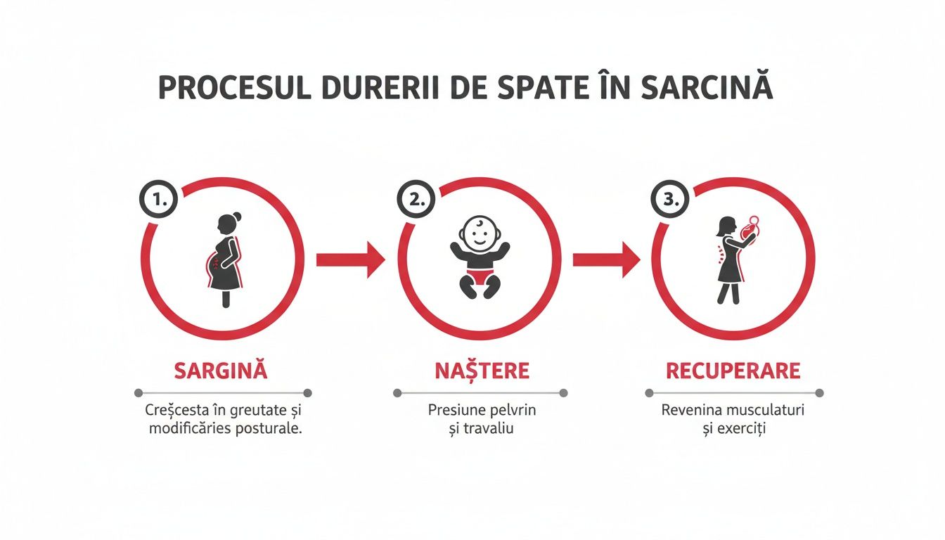 Diagramă vizuală explicând procesul durerii de spate în timpul sarcinii, nașterii și recuperării postnatale.