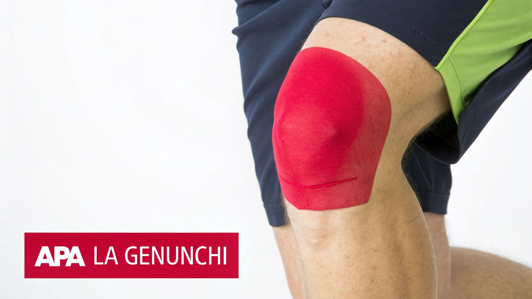 Imagine detaliază un genunchi cu bandă kinesiologică roșie, aplicată pentru suport. În colțul stânga jos apare logo-ul: APA LA GENUNCHI.