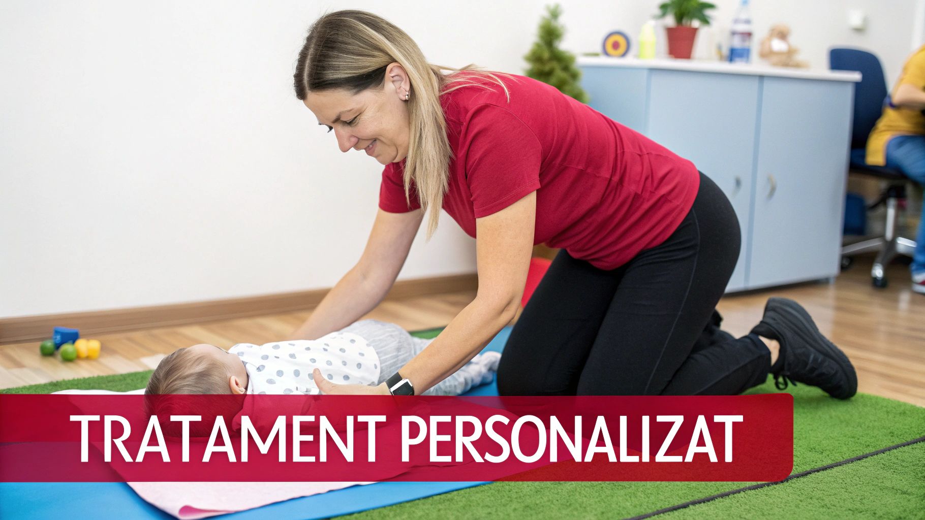 O femeie zâmbitoare se apleacă spre un bebeluș pe o saltea, oferind tratament personalizat într-o cameră luminoasă.