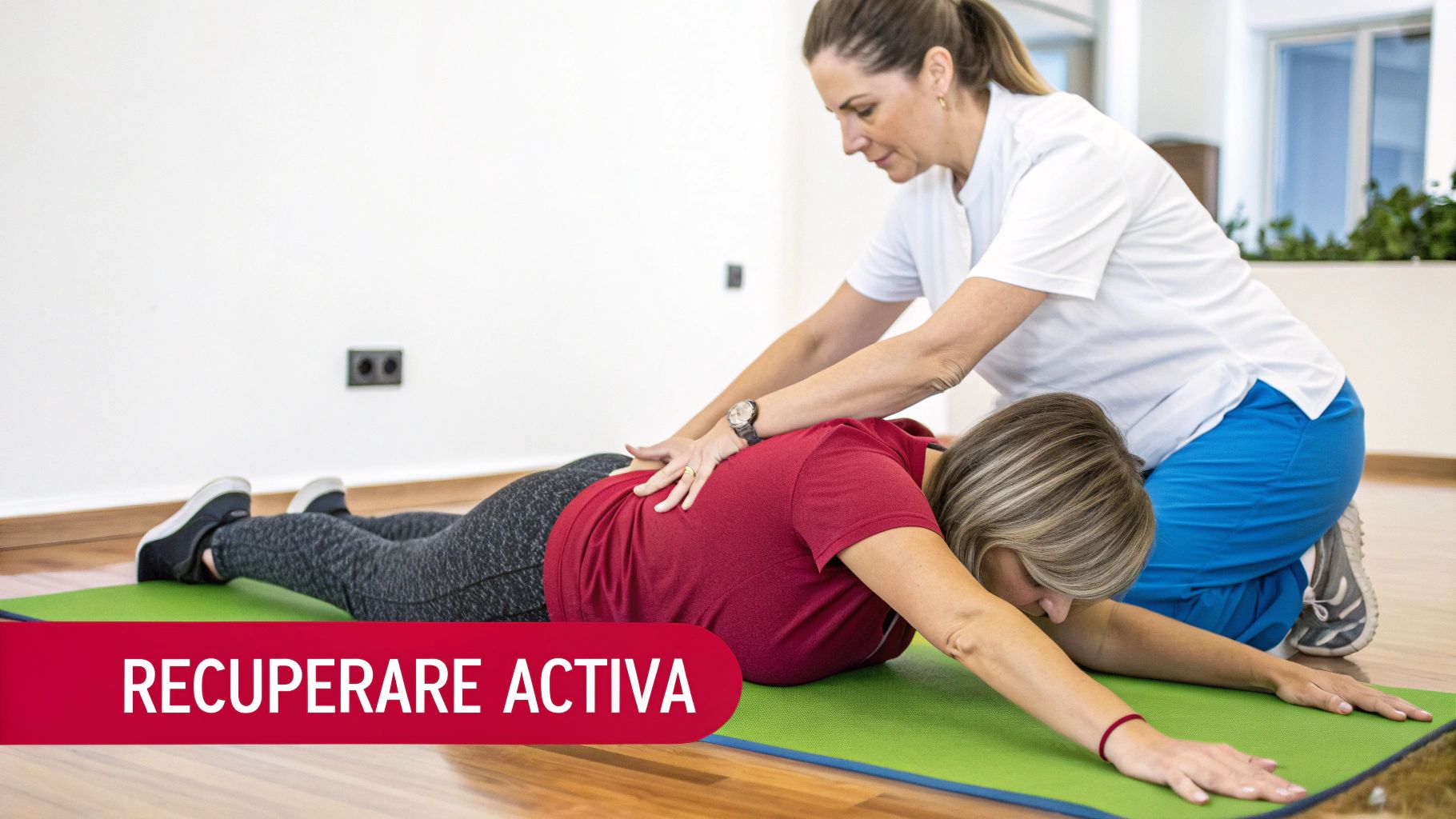 O fizioterapeută asistă o pacientă pe o saltea, practicând exerciții de recuperare activă pentru durerea de spate.