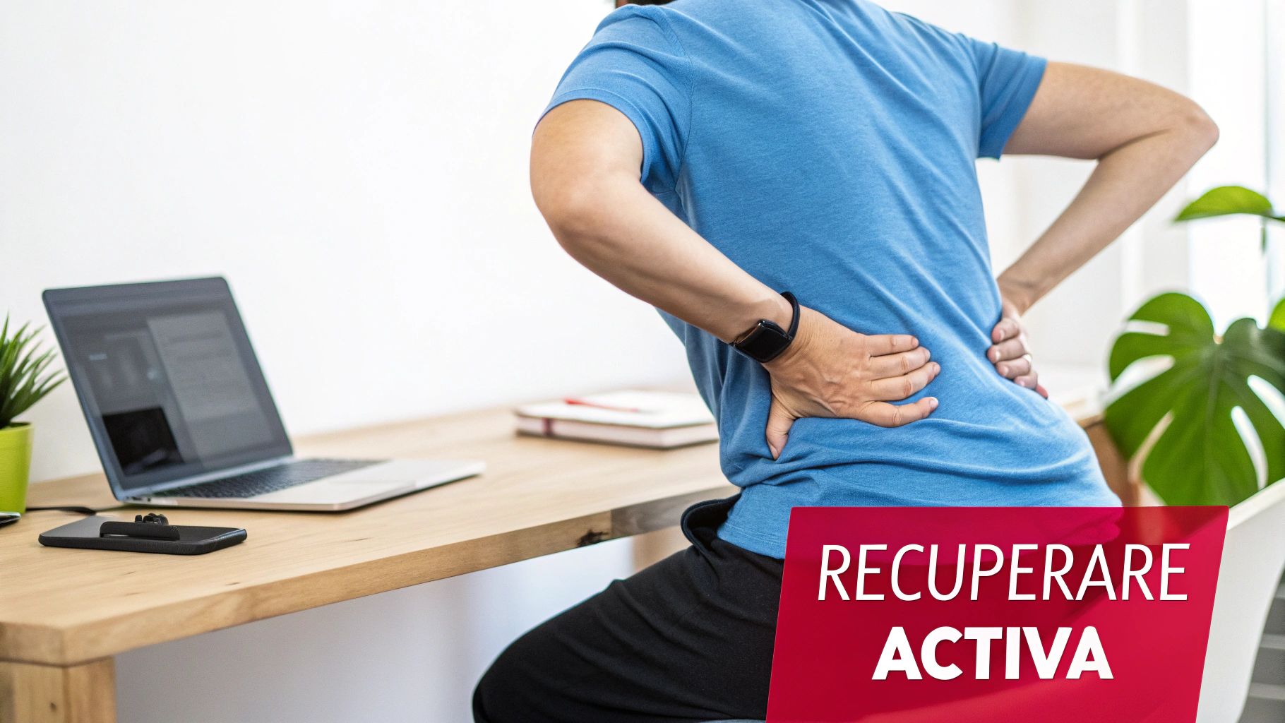 O persoană simte durere de spate, ținându-și mâinile pe zona lombară în timp ce stă la birou.
