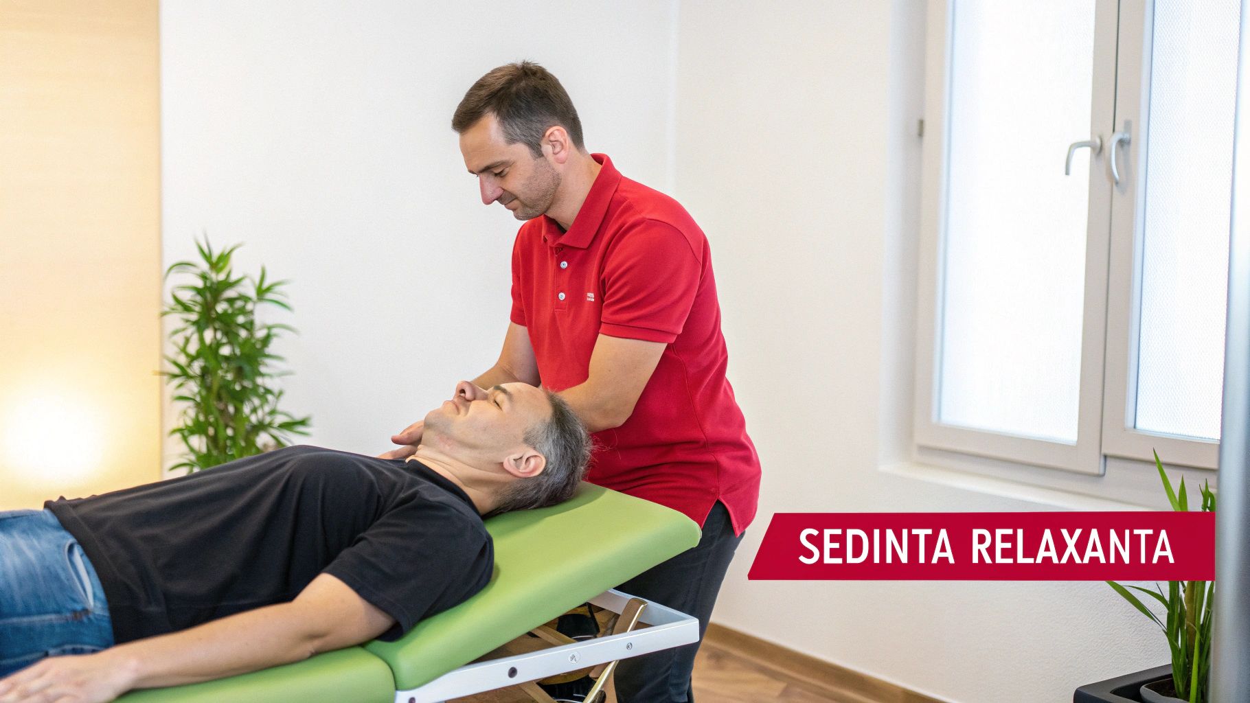 Un terapeut masează gâtul și umerii unui pacient pe o masă de masaj, într-o ședință relaxantă.