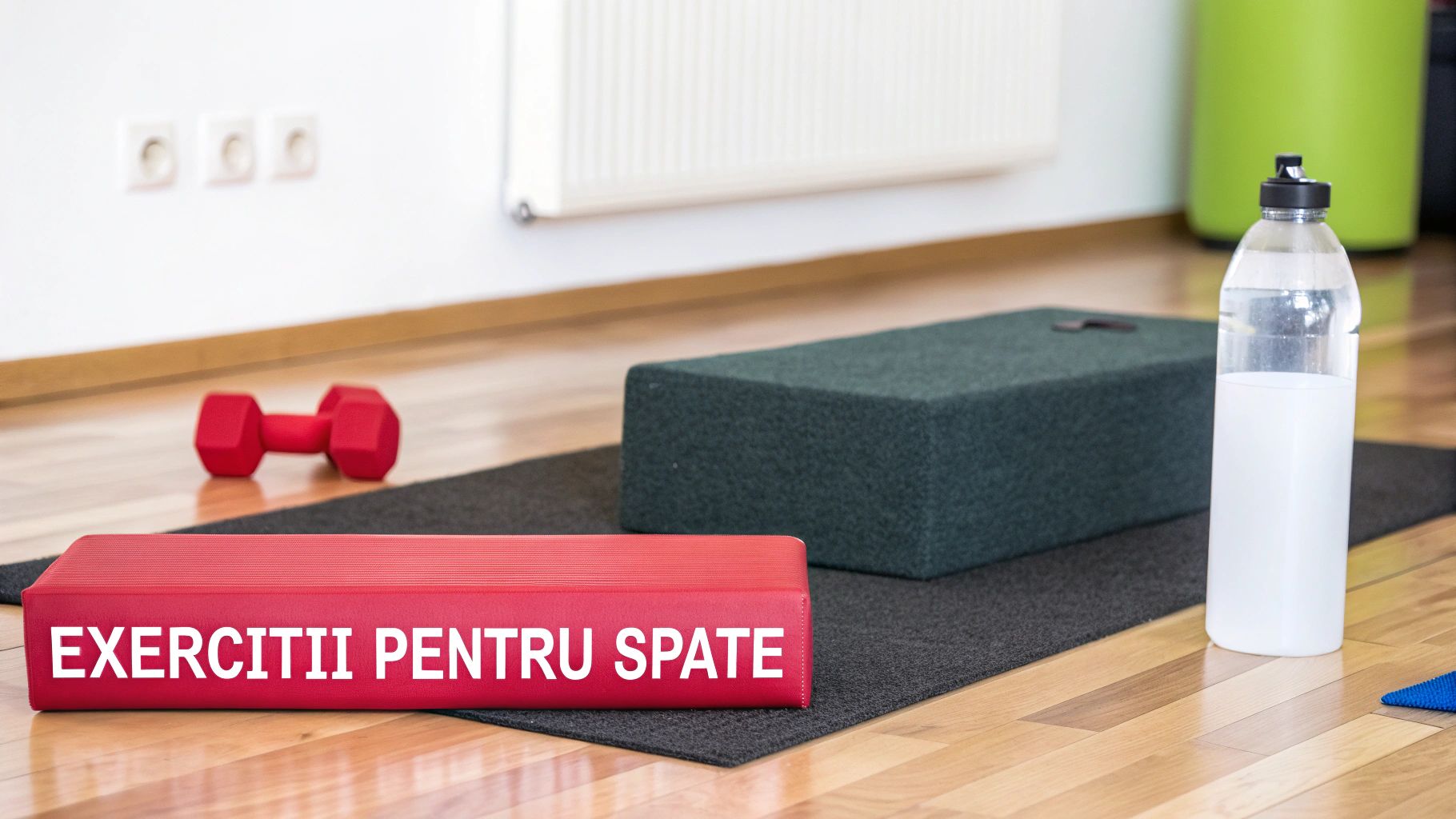 O step roșie cu textul 'EXERCII PENTRU SPATE', o ganteră și o sticlă cu apă pe salteaua de exerciții.