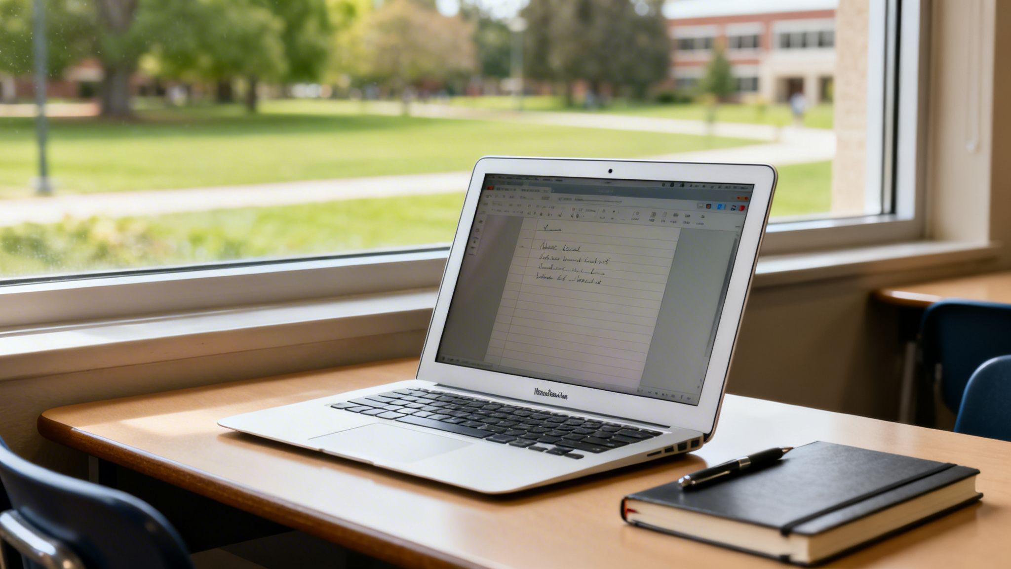 The Best MacBook for Students A Complete Comparison Guide 1 A MacBook Air laptop and notebook with a pen on a wooden desk by a window with a green campus view.