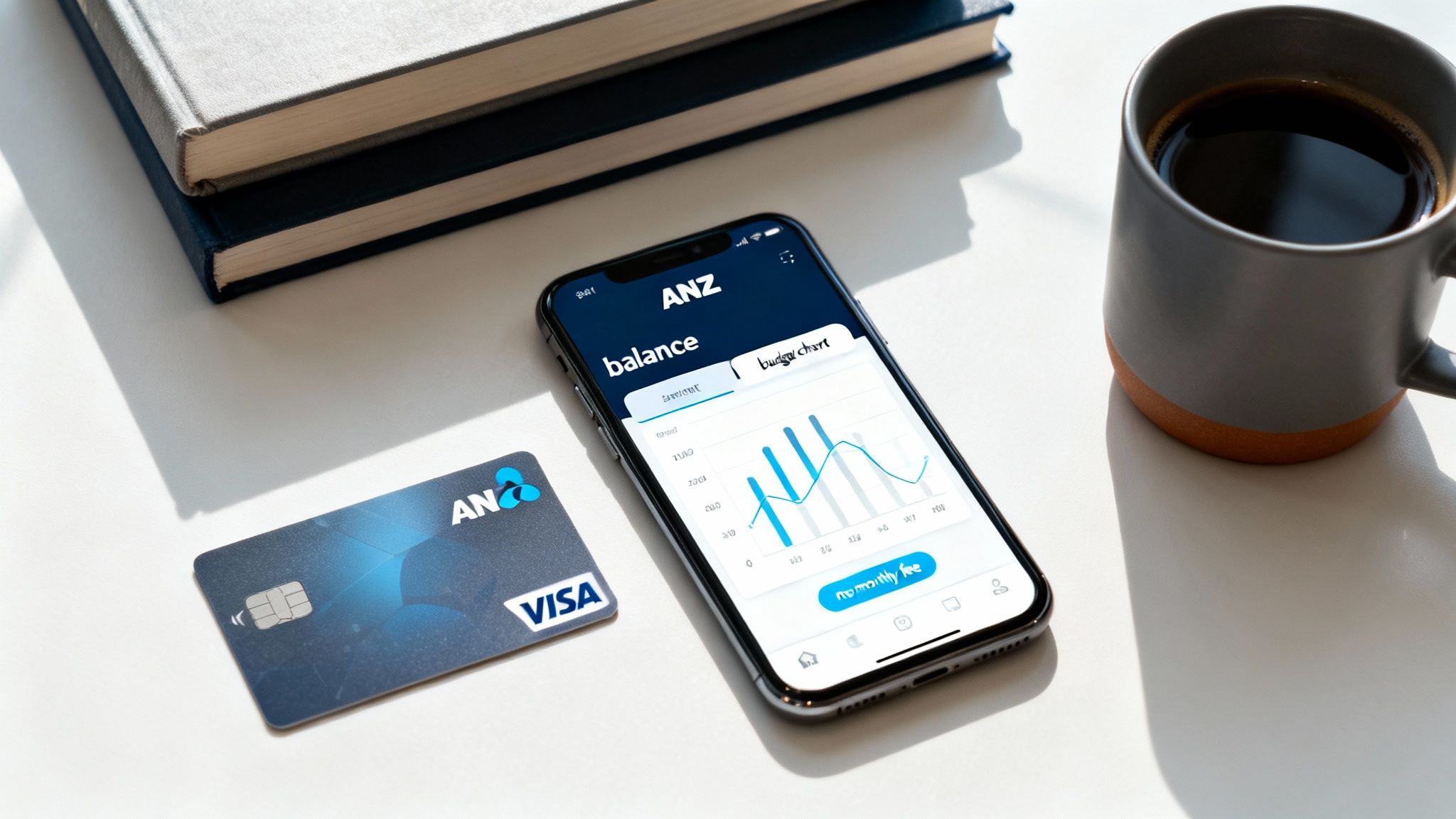 A student using a laptop and phone, managing their finances with the ANZ banking app.