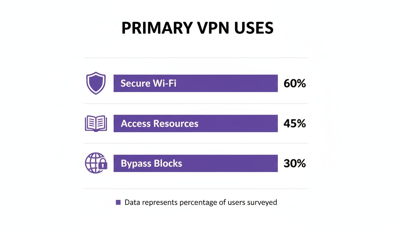 Bar chart illustrating primary VPN uses: Secure Wi-Fi (60%), Access Resources (45%), and Bypass Blocks (30%).