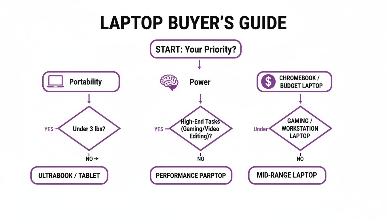 A laptop buyer's guide flowchart, leading to Ultrabook, Performance Parptop, or Mid-Range laptop recommendations.