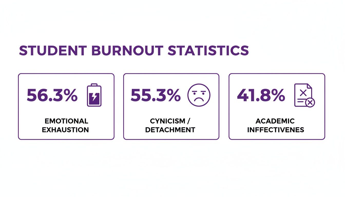 Infographic showing student burnout statistics: 56.3% emotional exhaustion, 55.3% cynicism, and 41.8% academic ineffectiveness.