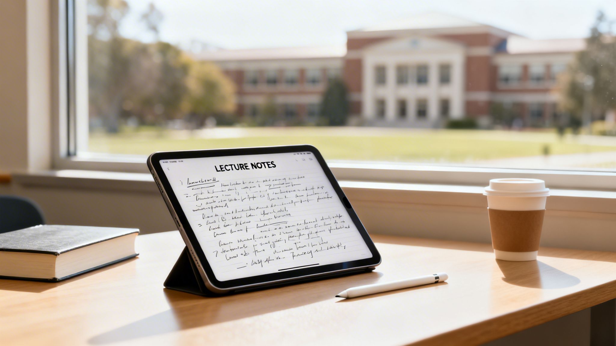 An iPad displaying lecture notes, a book, coffee, and a stylus on a desk overlooking a university.
