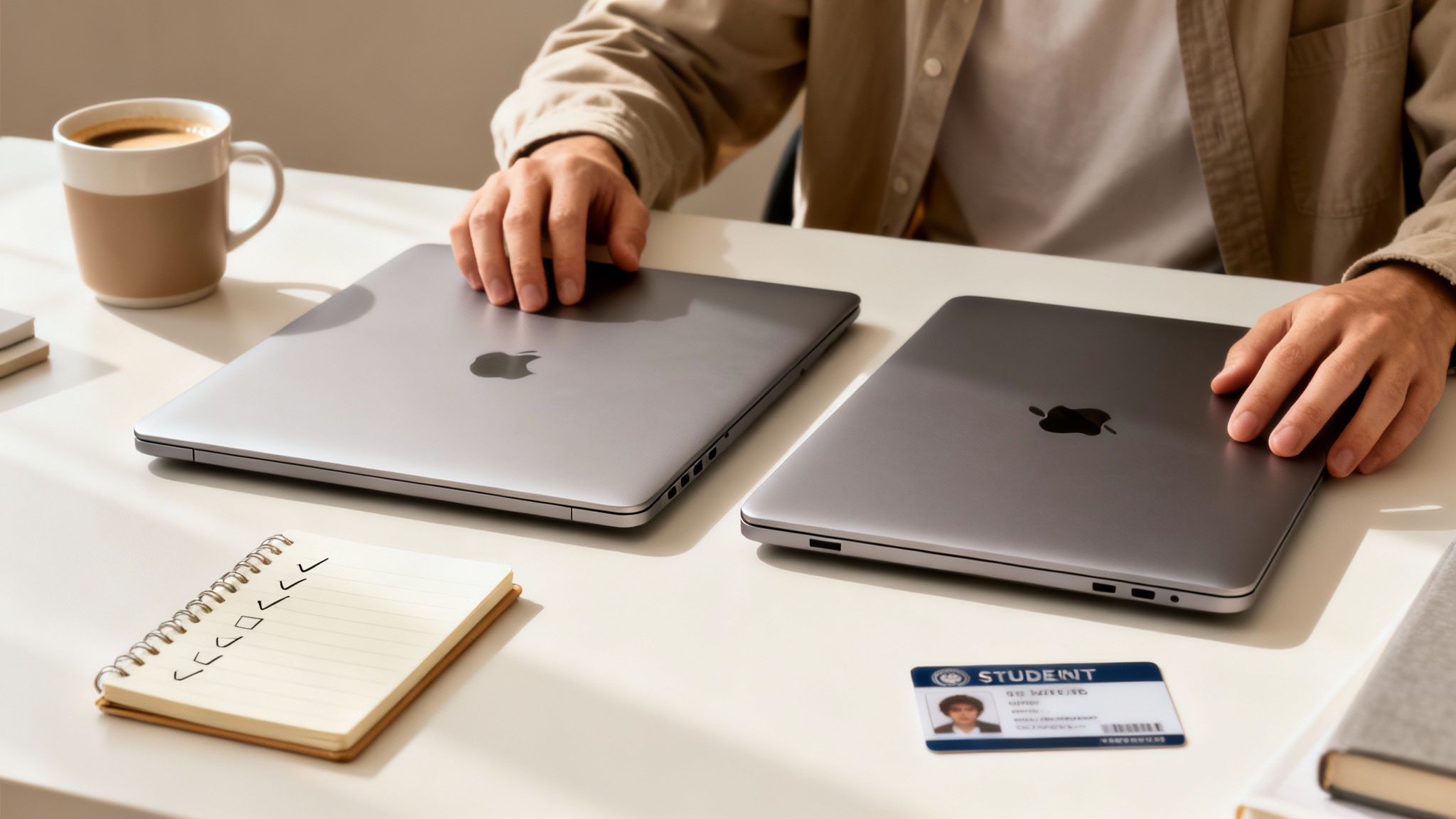 Student with two laptops, coffee, notebook, and ID card on a white desk.