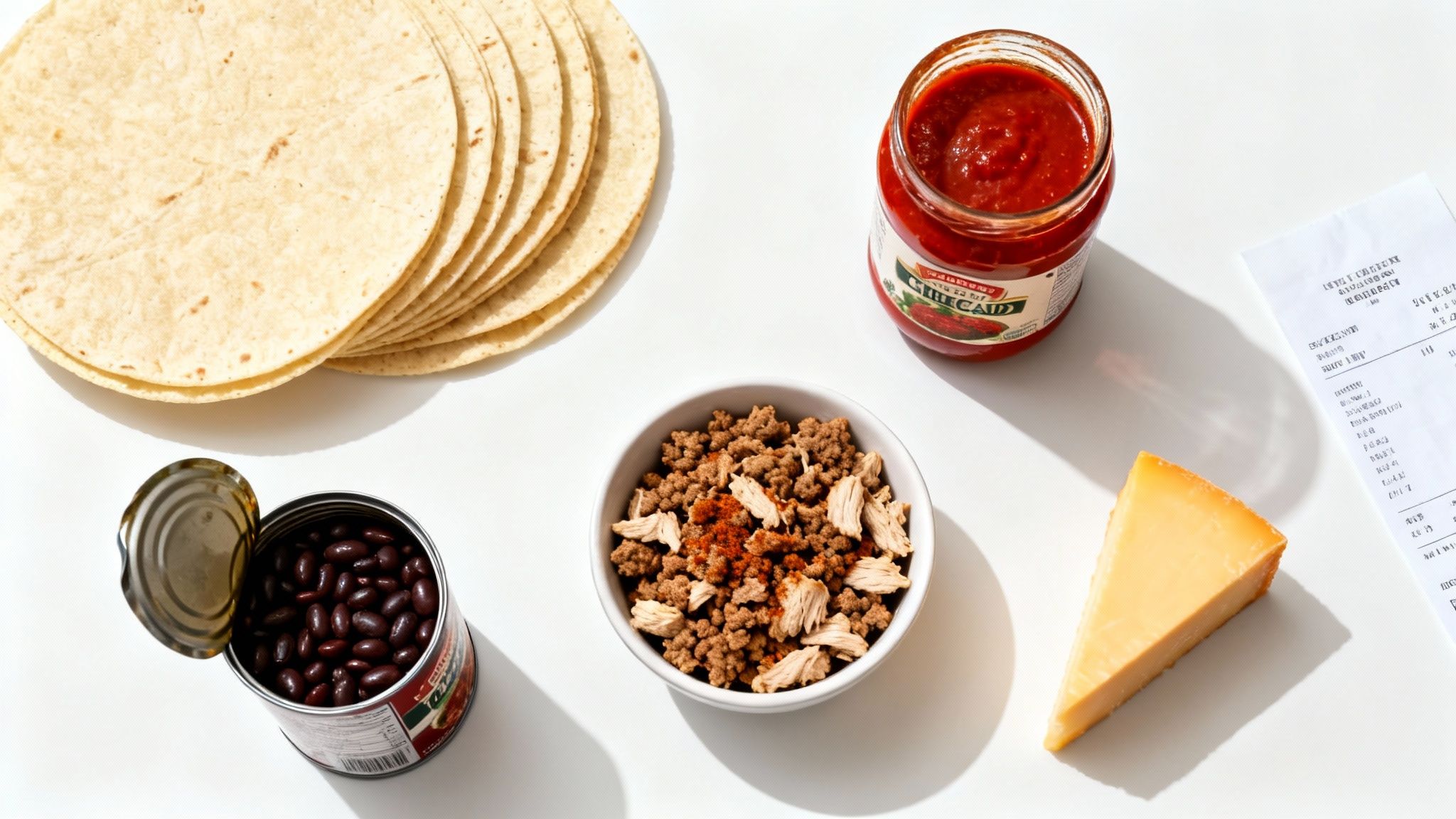 Your Ultimate Easy and Cheap Enchiladas Recipe 2 A top-down view of enchilada ingredients, including tortillas, ground meat, black beans, salsa, and cheese.