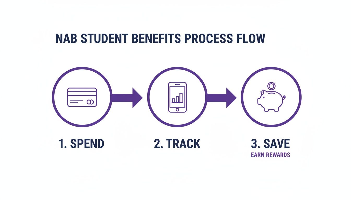 NAB Student Benefits process flow illustrating three steps: spend, track, and save for rewards.