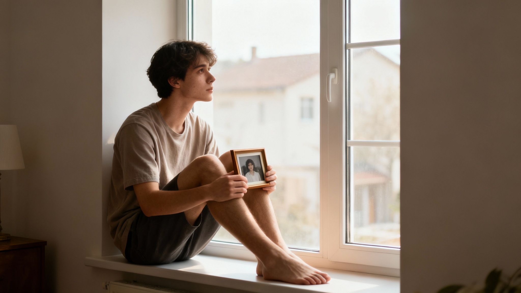 How to Combat Homesickness and Thrive in a New Place 1 A young man sits on a windowsill, looking out thoughtfully, holding a framed photo of a woman.