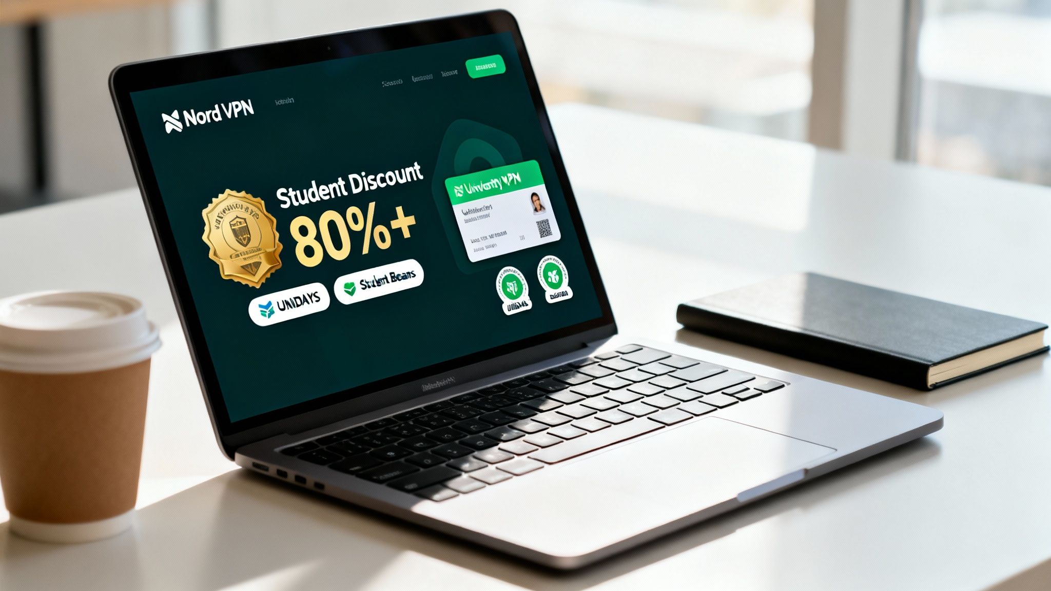 Laptop showing NordVPN student discount offer on screen, with a coffee cup and notebook on a desk.