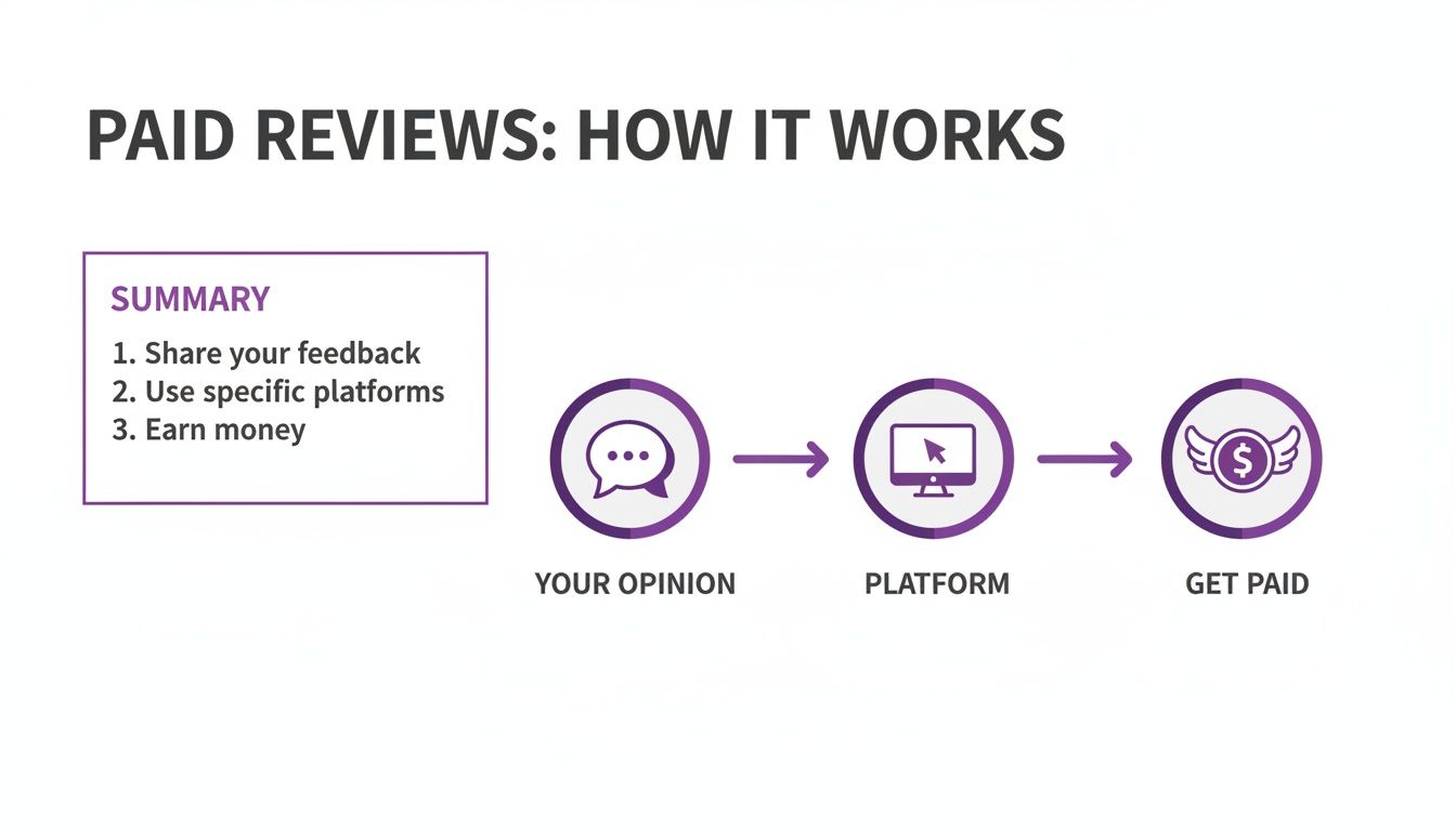 Diagram showing the process of paid reviews: share feedback, use platforms, and earn money.