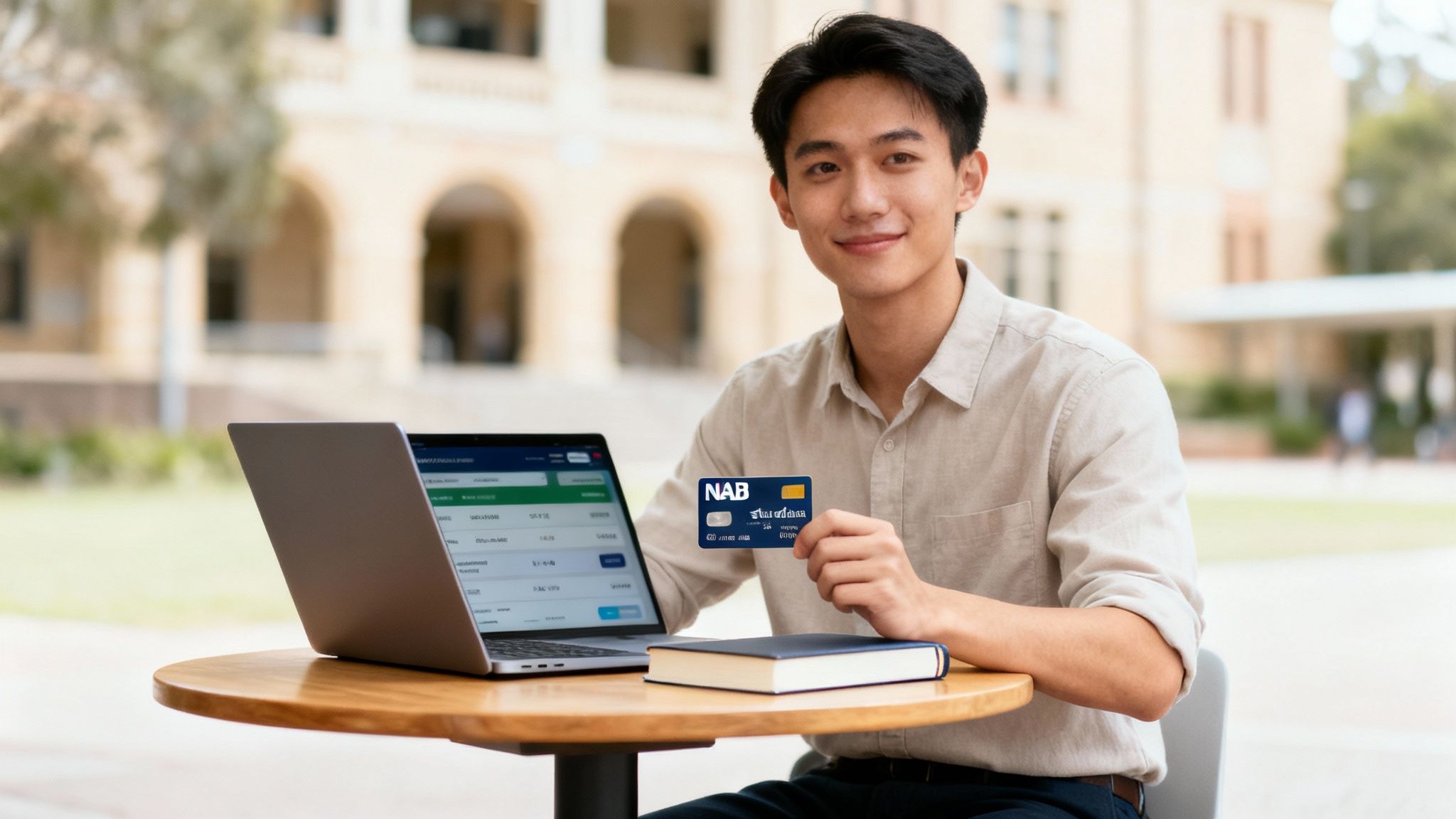 A smiling young student sits at an outdoor table with a laptop, holding a NAB bank card.