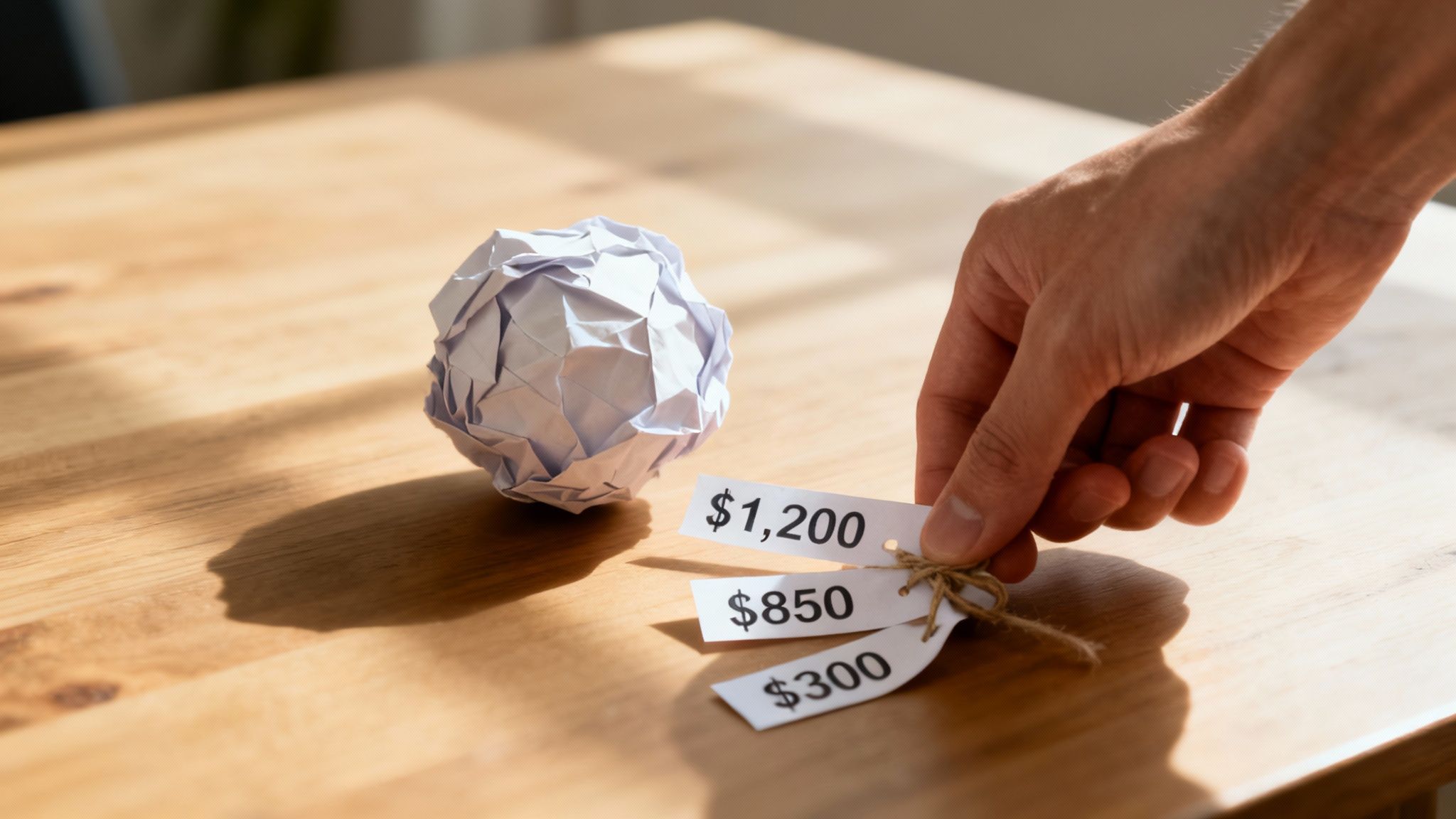 Hand selecting highest price tag of three options with crumpled paper ball representing debt decisions