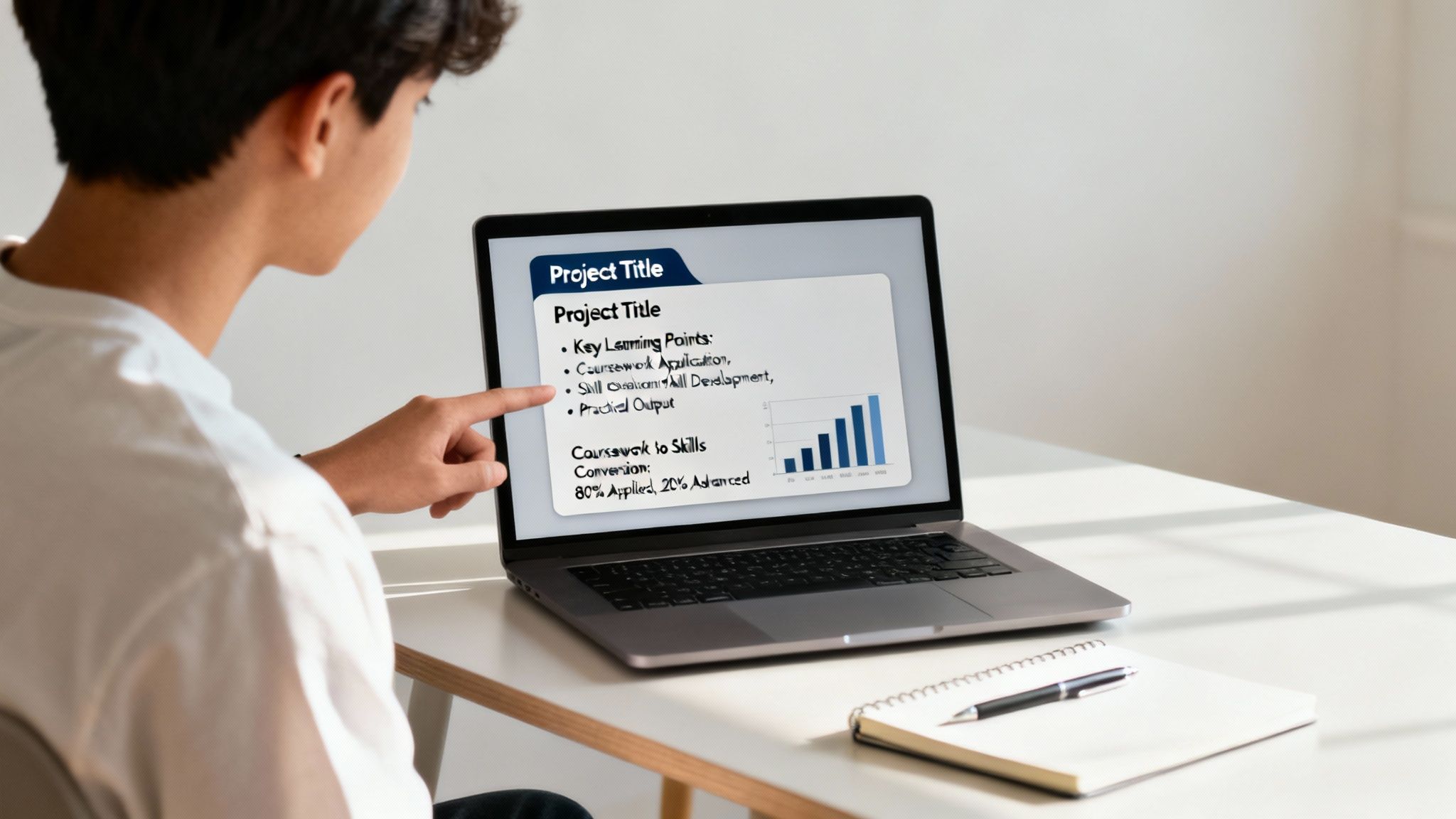 A student points at a laptop displaying a project presentation slide with key learning points and skill conversion data.