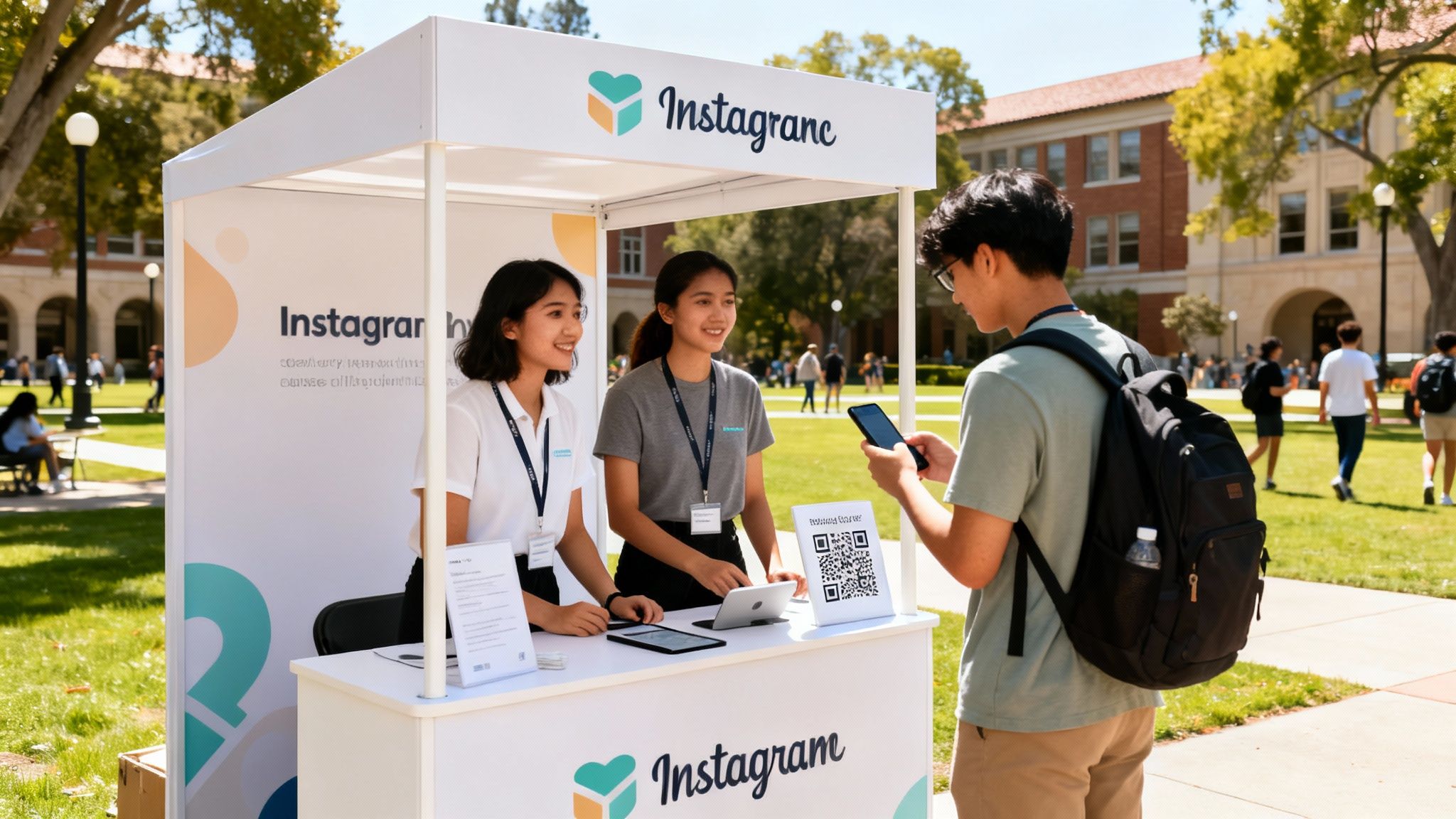 College students interacting at a promotional Instagranc booth on campus, scanning a QR code.