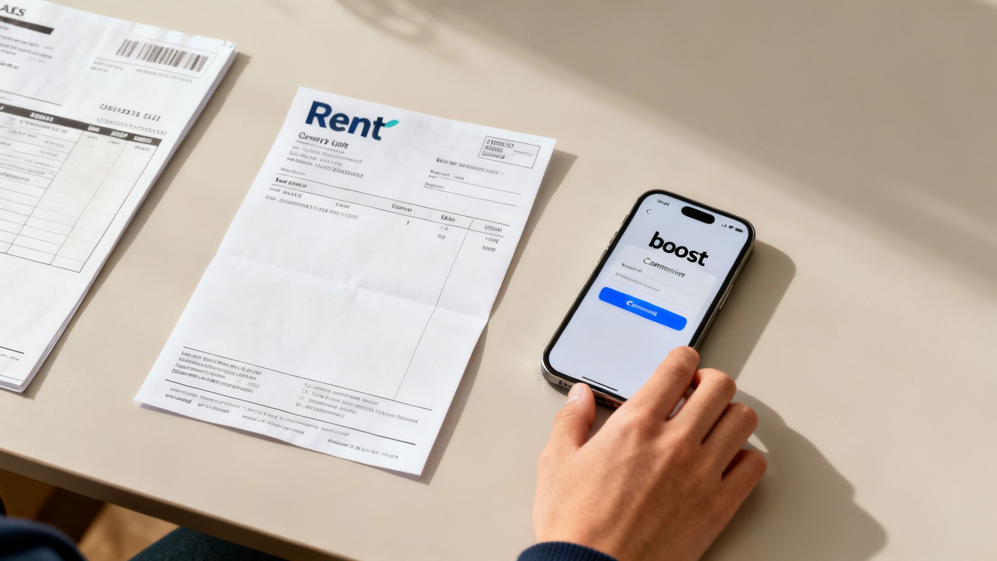 how to build credit as a student: quick, essential tips 3 Person holding smartphone showing Boost app next to rent payment documents on desk