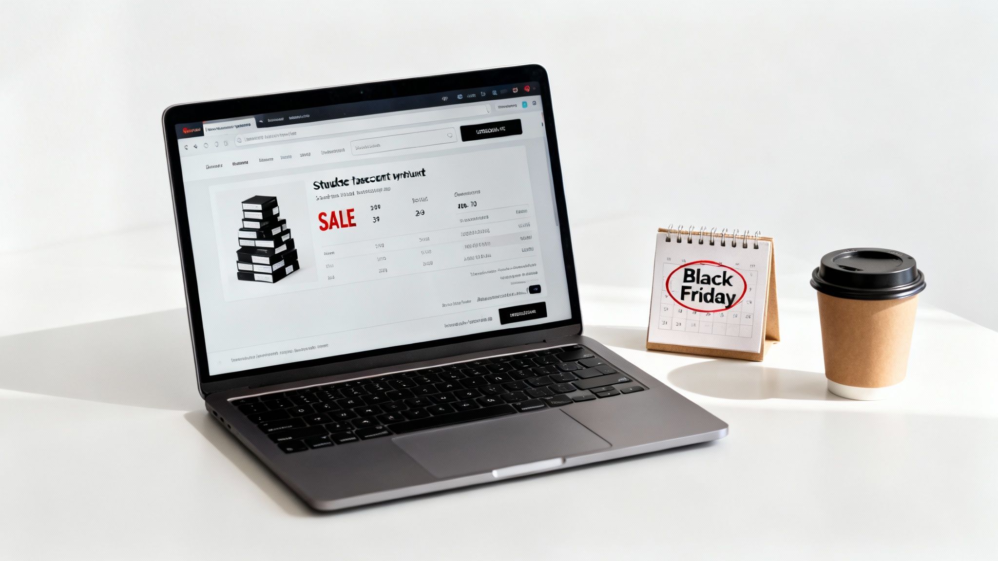 How to Get Student Discounts and Save Big 3 Laptop displaying Black Friday sale website with calendar and coffee cup on desk