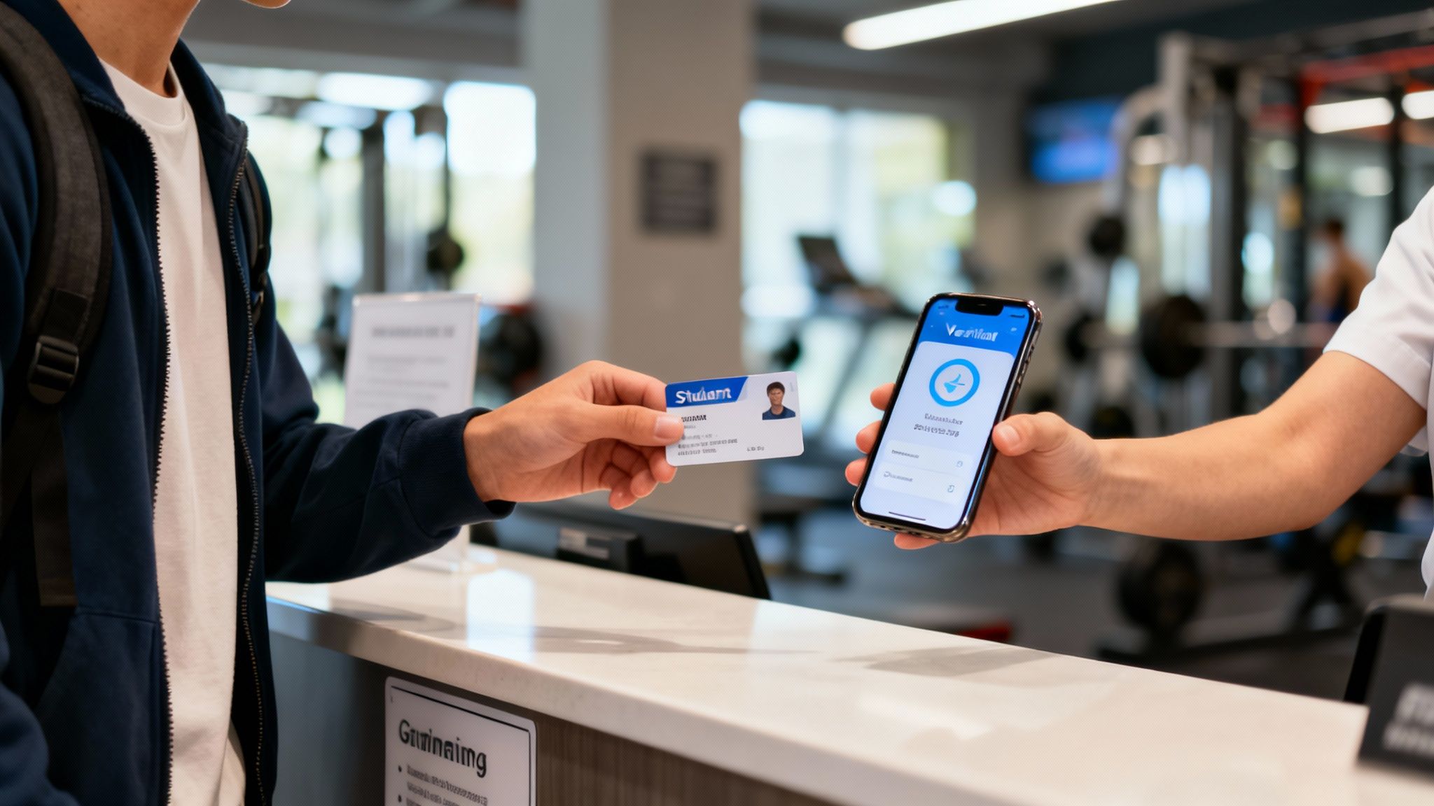 A student presents an ID card to a staff member holding a phone displaying a digital student ID at a gym reception.