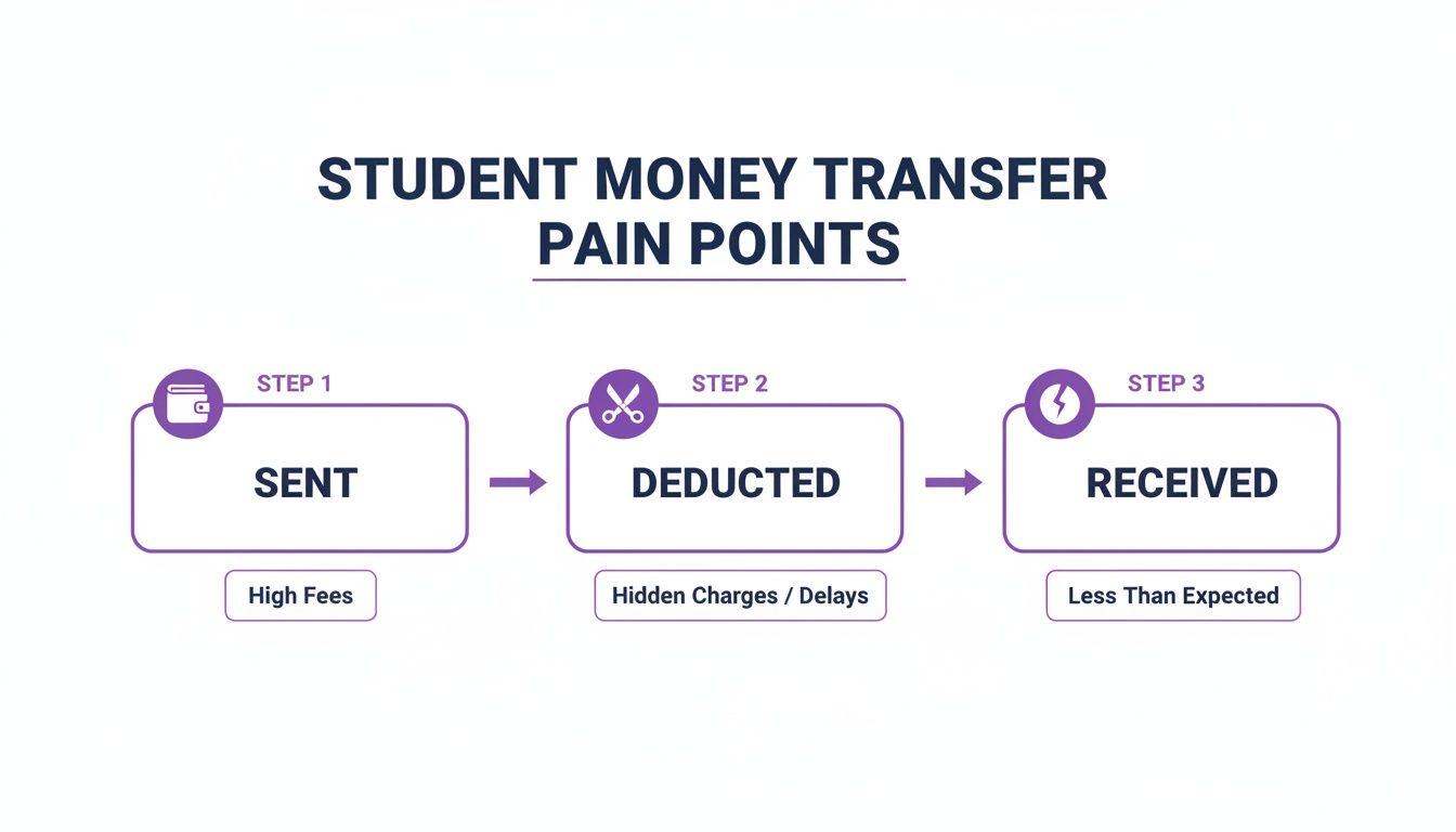 Infographic illustrating student money transfer pain points: high fees, hidden charges, delays, and less received.