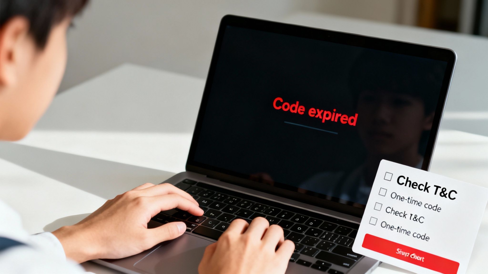 Revolve student discount: Your Ultimate Savings Guide 3 Person typing on laptop displaying a red 'Code expired' message and a 'Check T&C' checklist overlay.