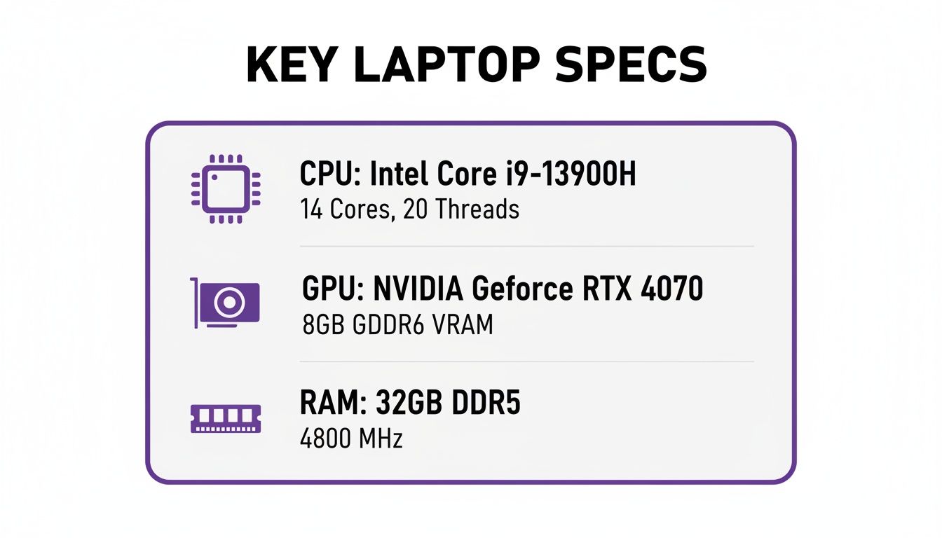 Detailed key laptop specifications including CPU, GPU, and RAM for a high-performance system.