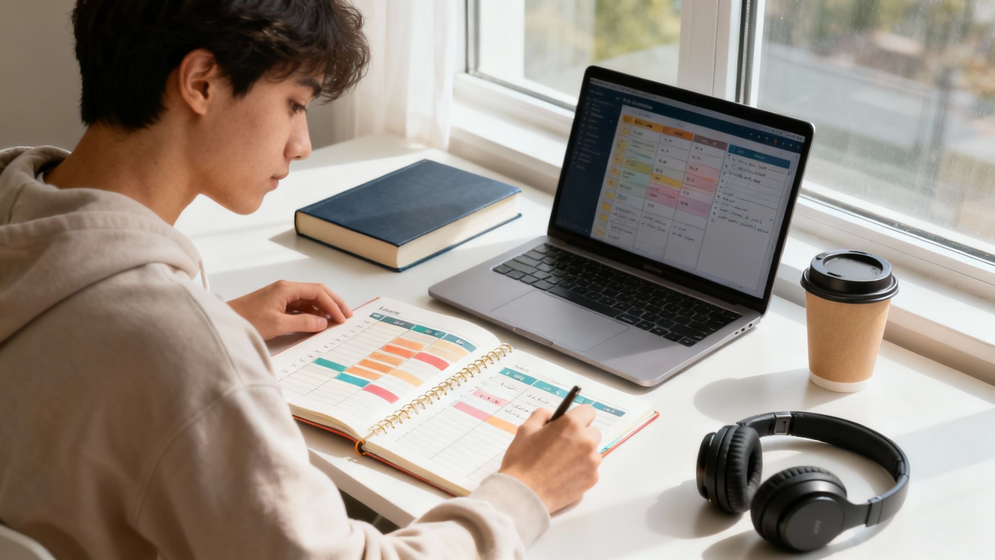 A student looking at a weekly planner with study and work blocks, a laptop and coffee nearby.