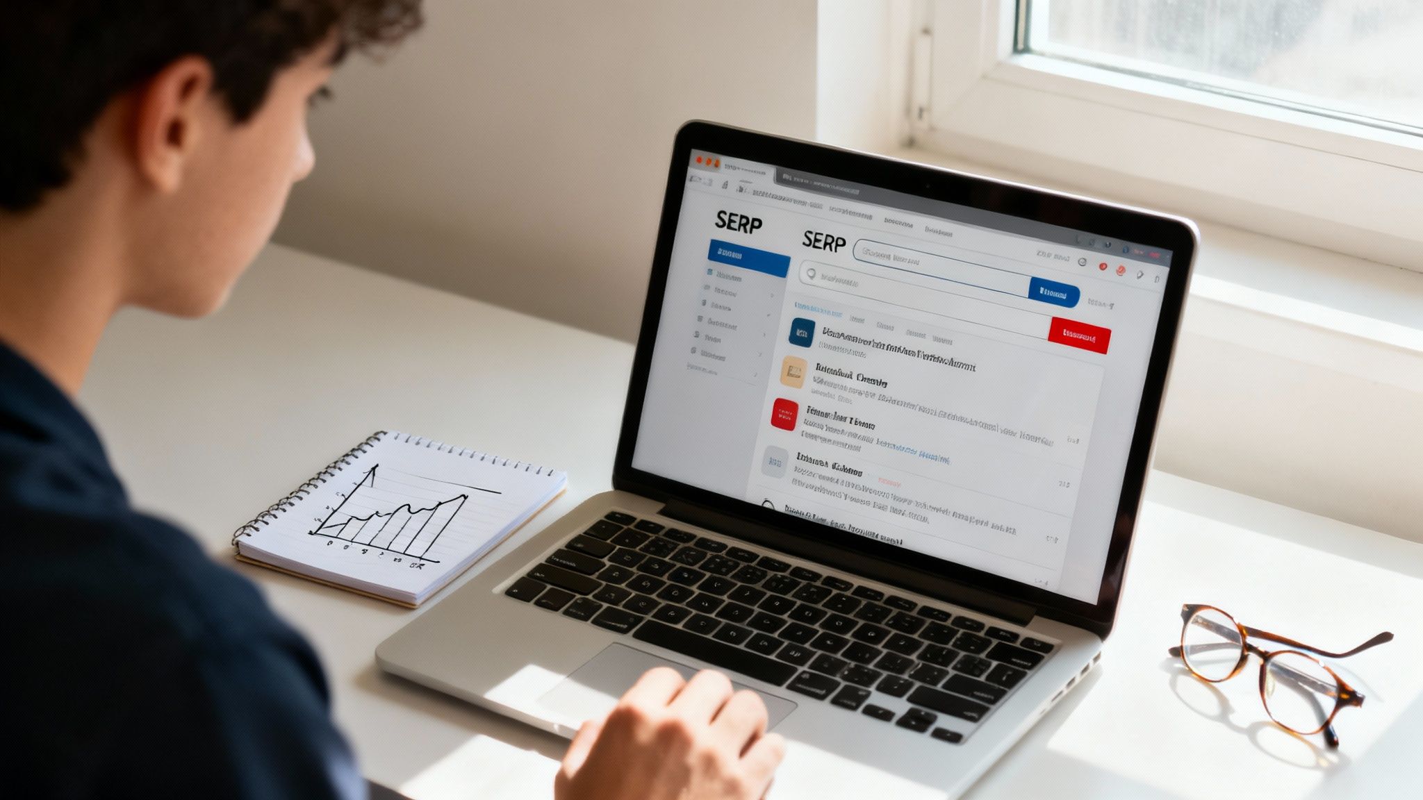 A young person analyzing search engine results (SERP) on a laptop, with a notebook graph and glasses on the desk.