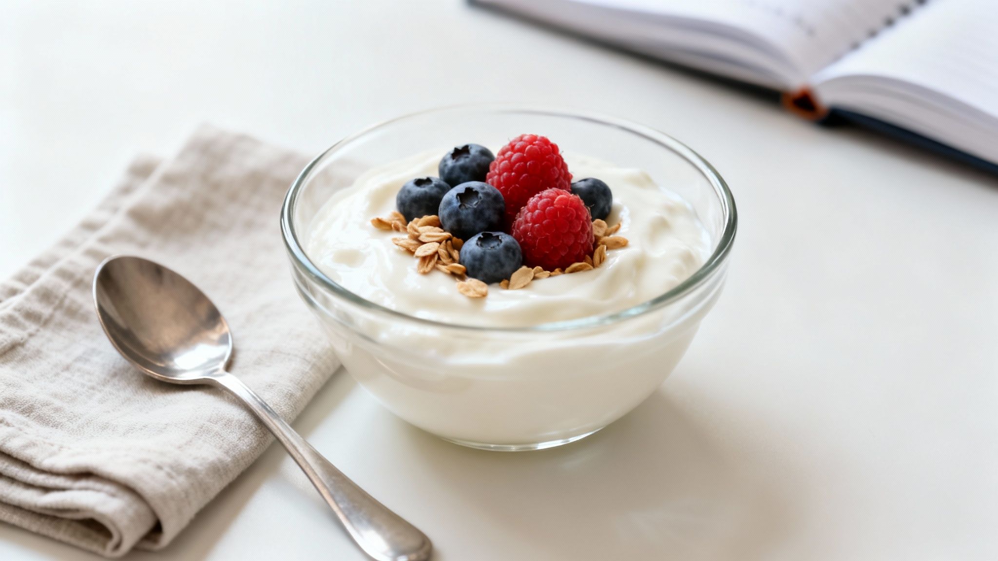 Healthy breakfast of yogurt with fresh blueberries, raspberries, and granola, next to a spoon and a book.